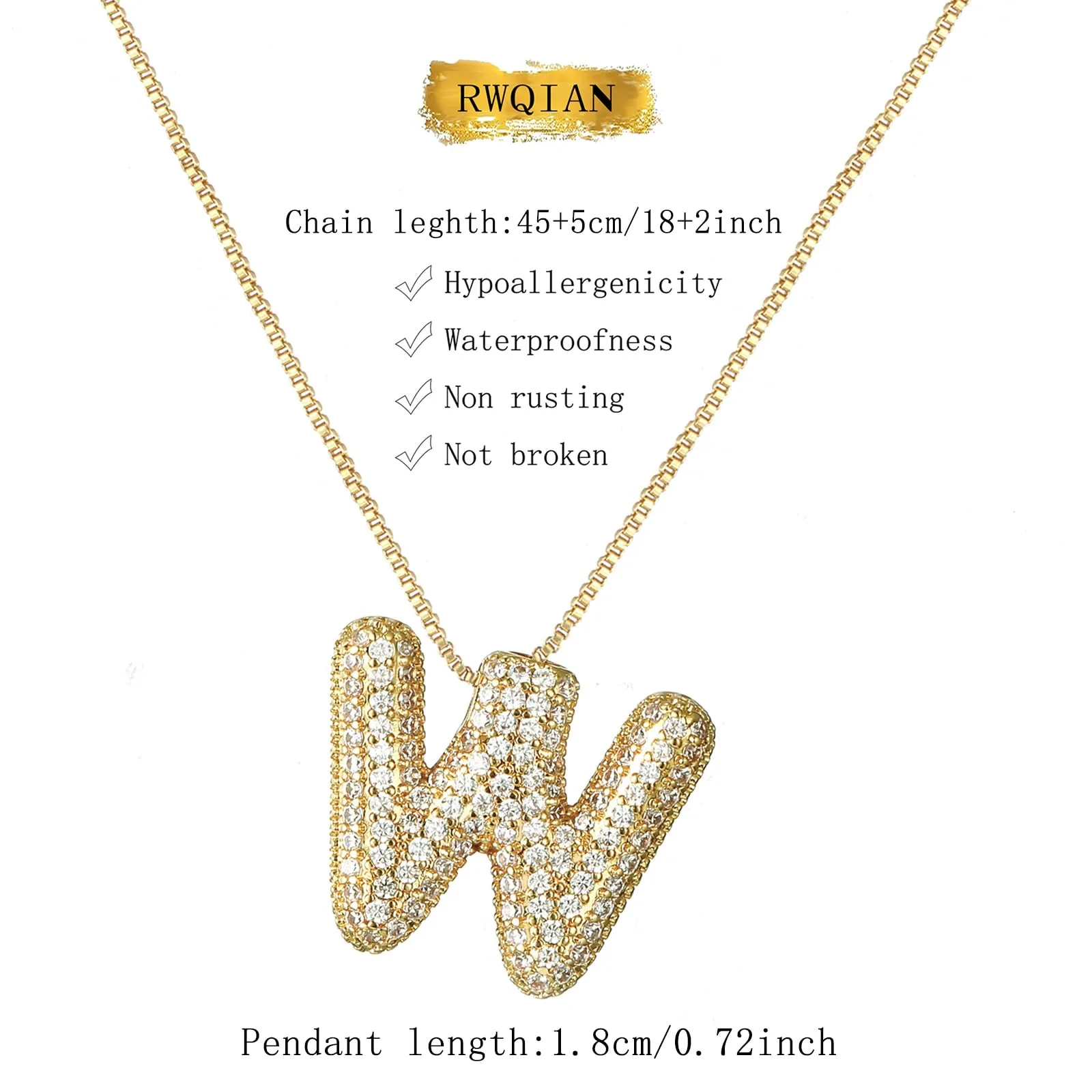 RWQIAN Bubble Initial Letter Chain Oro Delle Donne Balloon Sparkling Zirconia Lettera Pendente Collana Alfabeto W Gioielli Regali delle Donne - immagine 2