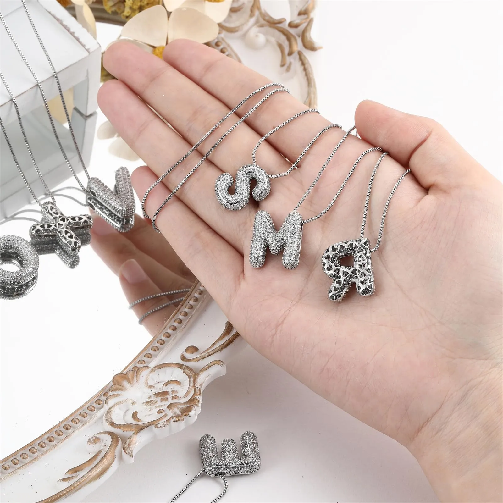 RWQIAN Bubble Initial Letter Chain Argento Delle Donne Balloon Sparkling Zirconia Lettera Pendente Collana Alfabeto Z Gioielli Regali delle Donne - immagine 5