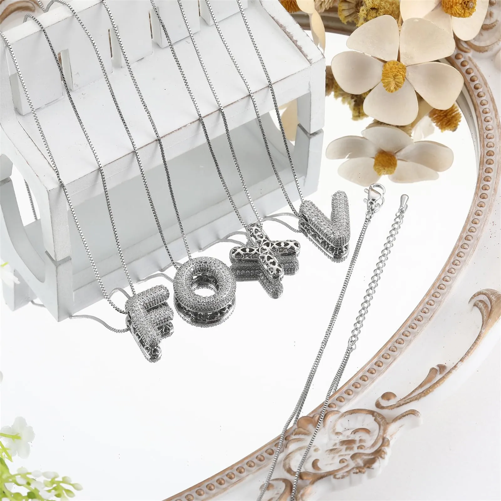 RWQIAN Bubble Initial Letter Chain Argento Delle Donne Balloon Sparkling Zirconia Lettera Pendente Collana Alfabeto I Gioielli Regali delle Donne - immagine 6