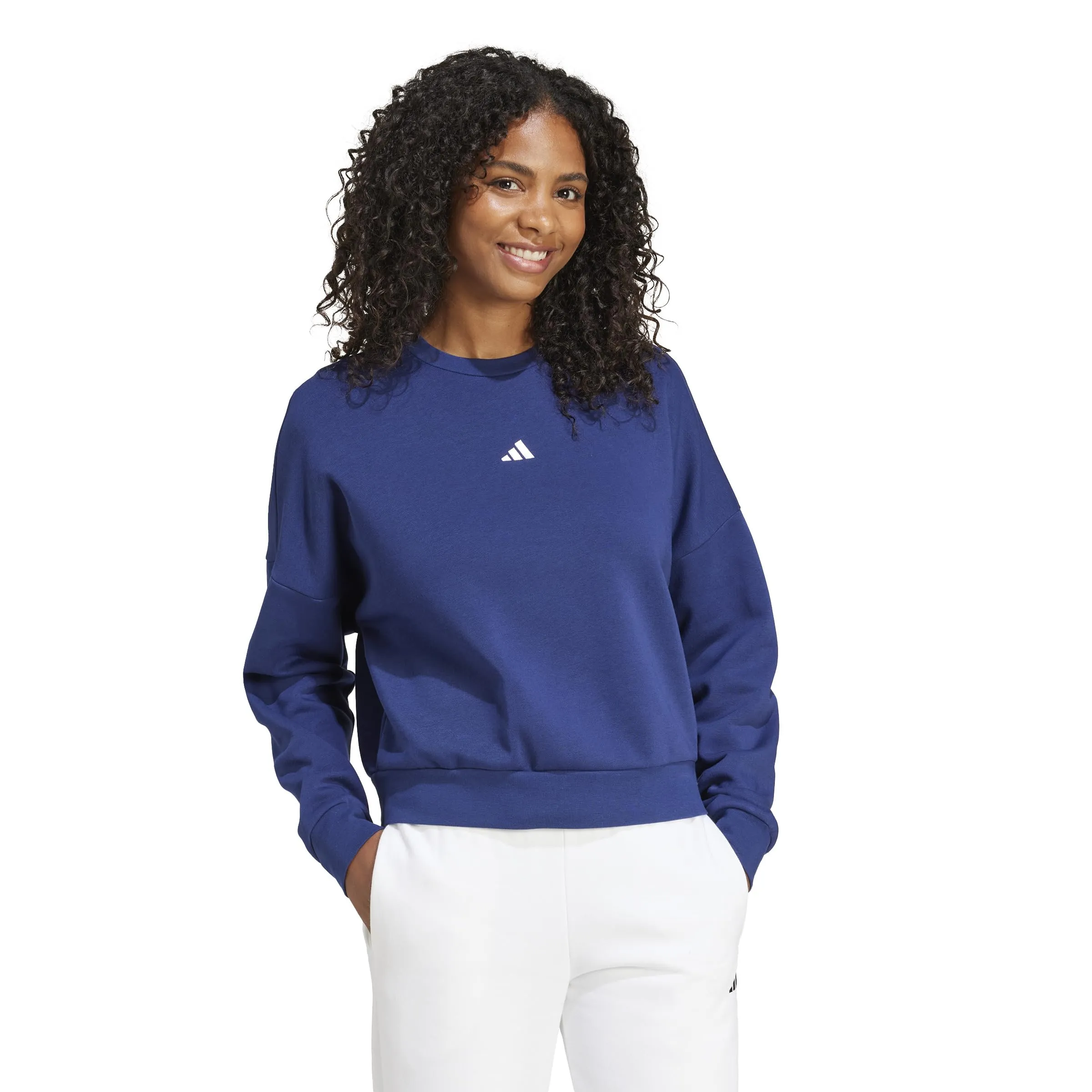 Adidas Felpa da Donna Essentials Small Logo Feel Cozy, Blu Scuro/Bianco, S - immagine 3