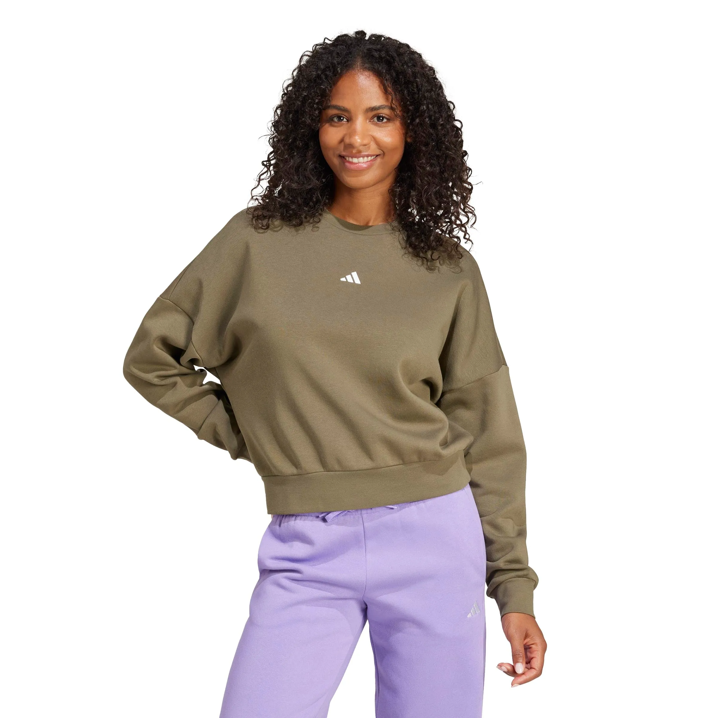 Adidas Essentials Small Logo Feel Cozy Felpa a Maniche Lunghe da Donna (Confezione da 1), Oliva/Bianco, S - immagine 1