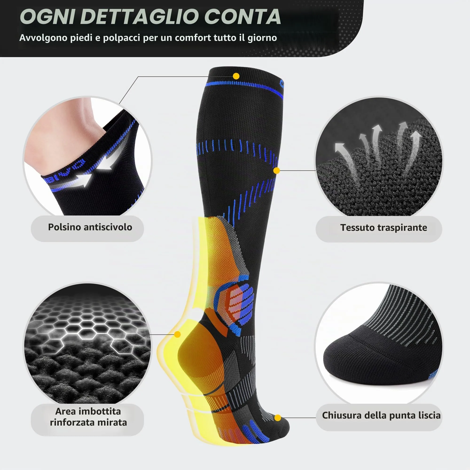 CAMBIVO Calze Compressione Graduata Donna Uomo 2Paia, Gambaletti Compressione Graduata 15-20 mmHg, Calze Elastiche a Compressione Antitrombo, Calzini Lunghe per Vene Varicose, Aereo, Sportive, Corsa - immagine 7