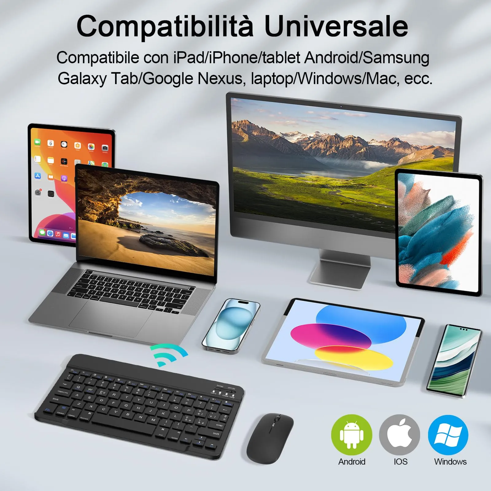 SOPPY Tastiera e Mouse Bluetooth Portatili, Mini Ricaricabile, Wireless per iPad/Samsung Tab/Lenovo Tab/iOS/Android/Windows, Layout Italiano (Nero) - immagine 2