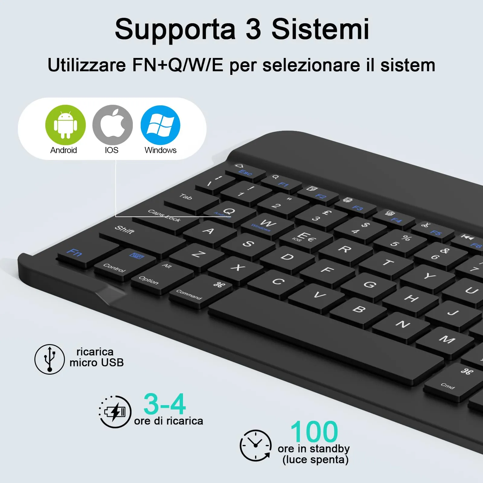 SOPPY Tastiera e Mouse Bluetooth Portatili, Mini Ricaricabile, Wireless per iPad/Samsung Tab/Lenovo Tab/iOS/Android/Windows, Layout Italiano (Nero) - immagine 3