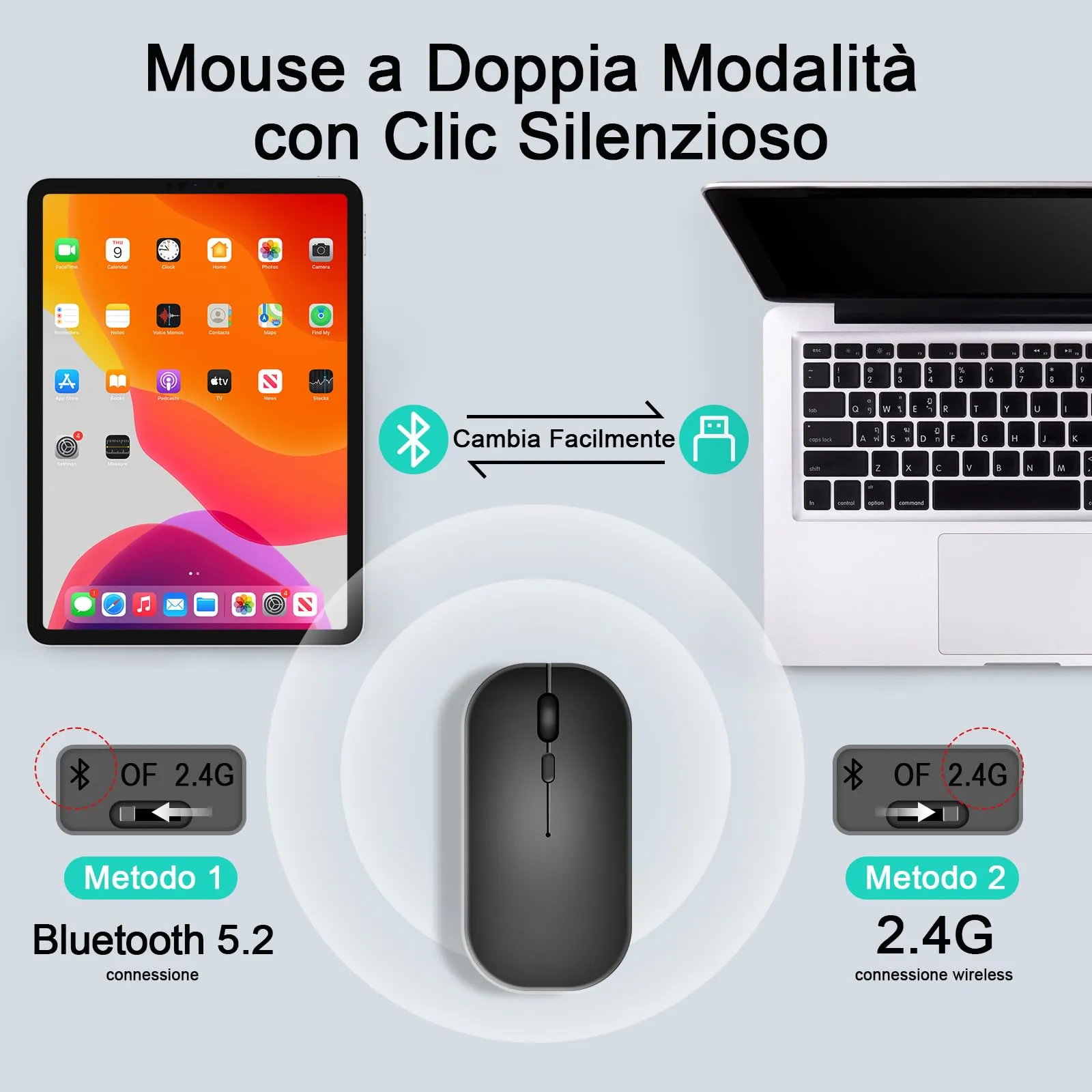 SOPPY Tastiera e Mouse Bluetooth Portatili, Mini Ricaricabile, Wireless per iPad/Samsung Tab/Lenovo Tab/iOS/Android/Windows, Layout Italiano (Nero) - immagine 5