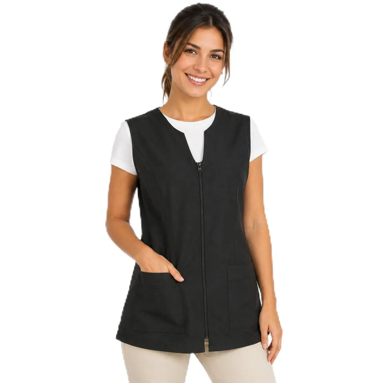ETREXONLINE Giacca Donna Nero Uniforme Con Cerniera da Lavoro Senza Maniche, Casacca per la Pulizia - M - immagine 1