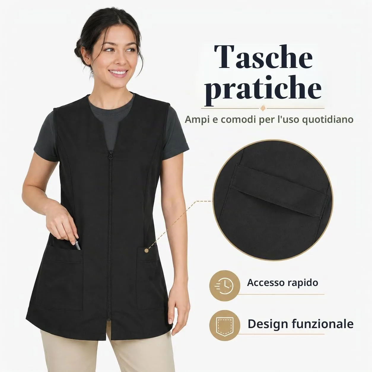 ETREXONLINE Giacca Donna Nero Uniforme Con Cerniera da Lavoro Senza Maniche, Casacca per la Pulizia - M - immagine 4