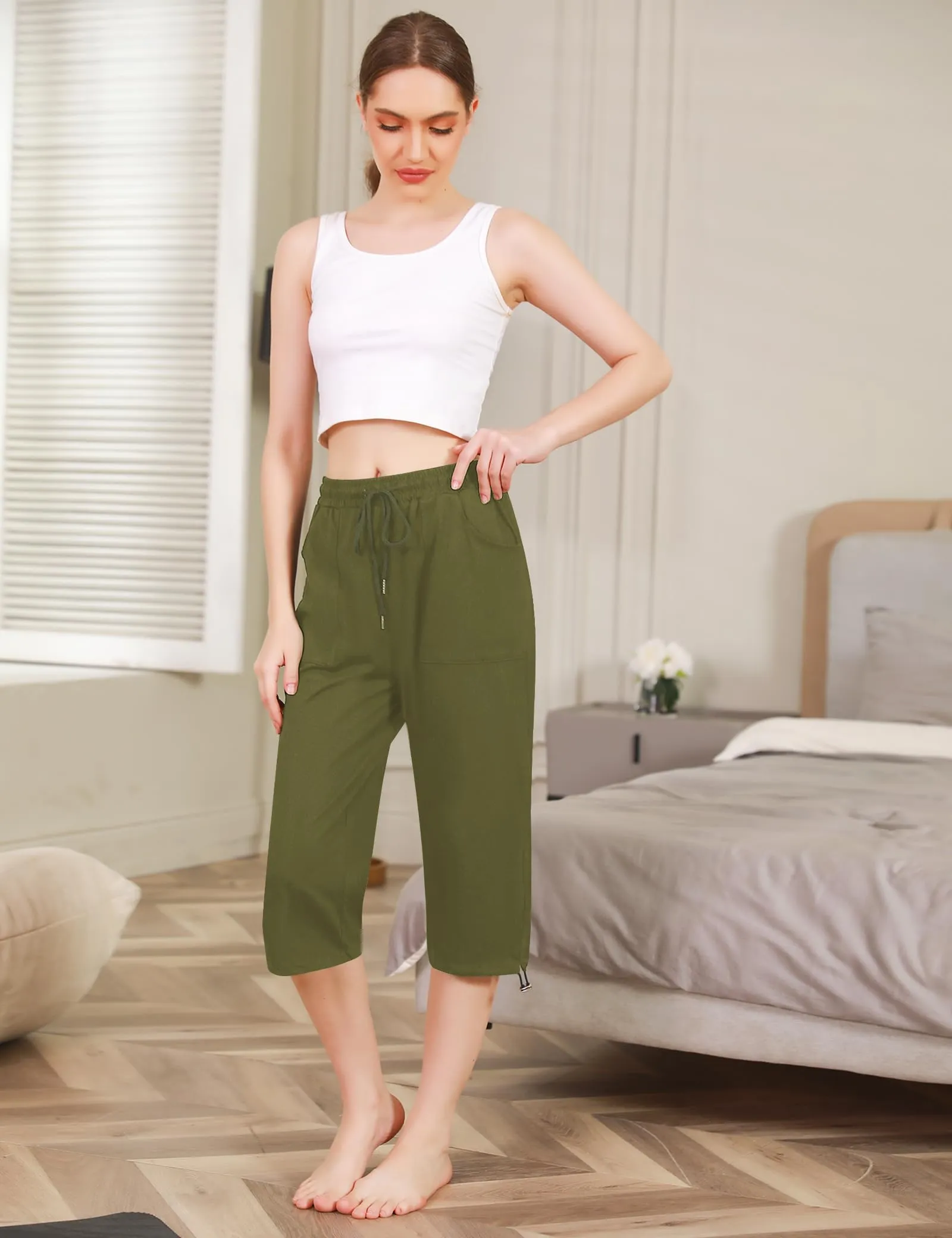 Totatuit Pantaloni Capri Donna Estivi Sportivi 3/4 Cotone Regolabile con Tasca Pinocchietto Cropped Army Verde 3XL - immagine 5