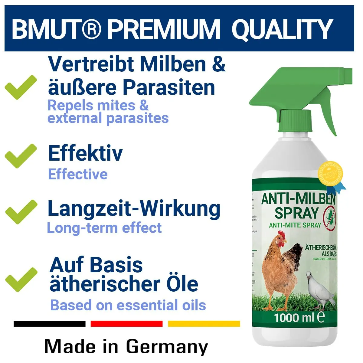 3 spray antiacari da 1000 ml per pollame come polli e uccelli, immediato e a lungo termine contro i parassiti, in caso di acute e prevenzione (3 x 1000 ml) - immagine 2