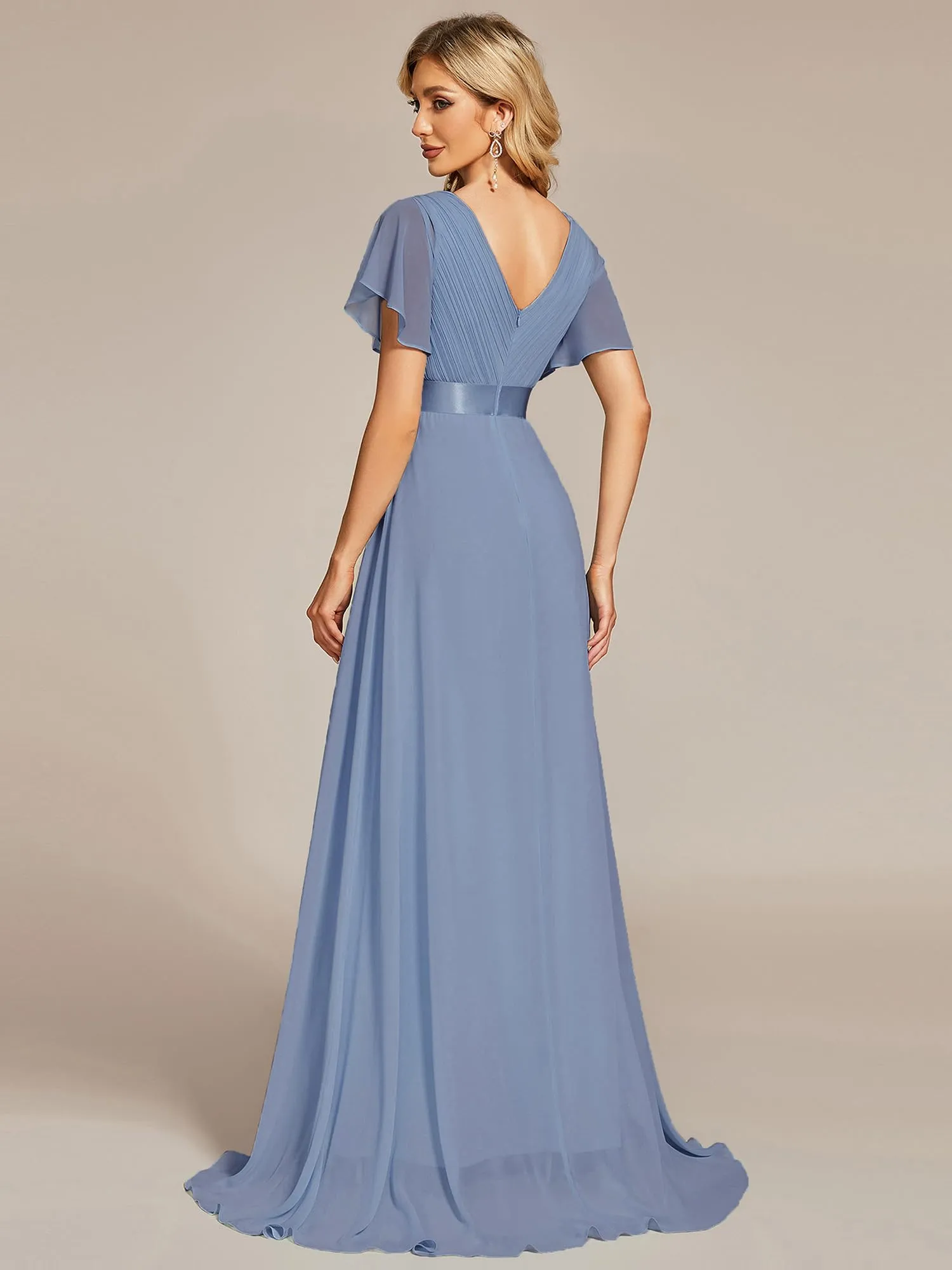Ever-Pretty Vestiti da Cerimonia da Donna Alta Elasticità Scollo a V Linea ad A con Spacco Stile Impero Blu Ardesia 52 - immagine 2