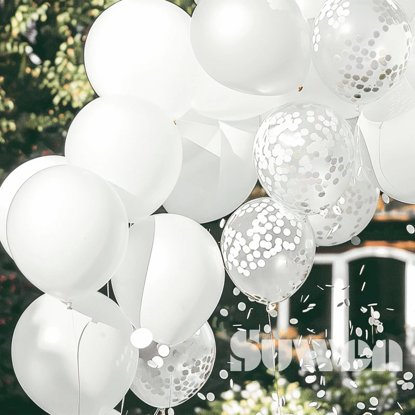 SUWEN 47 Pezzi Bianco Palloncini Latex Confetti Set - immagine 3
