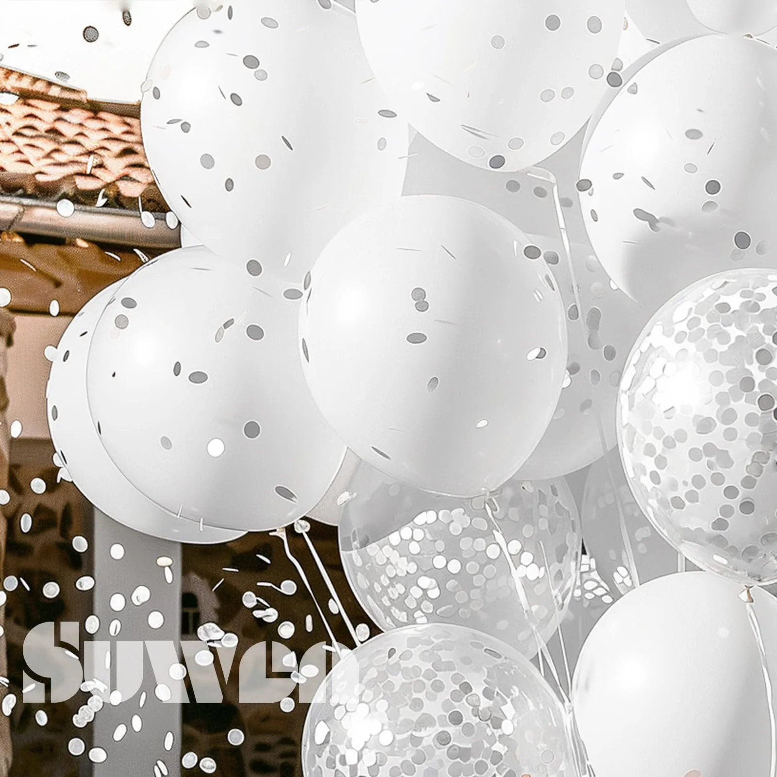 SUWEN 47 Pezzi Bianco Palloncini Latex Confetti Set - immagine 4