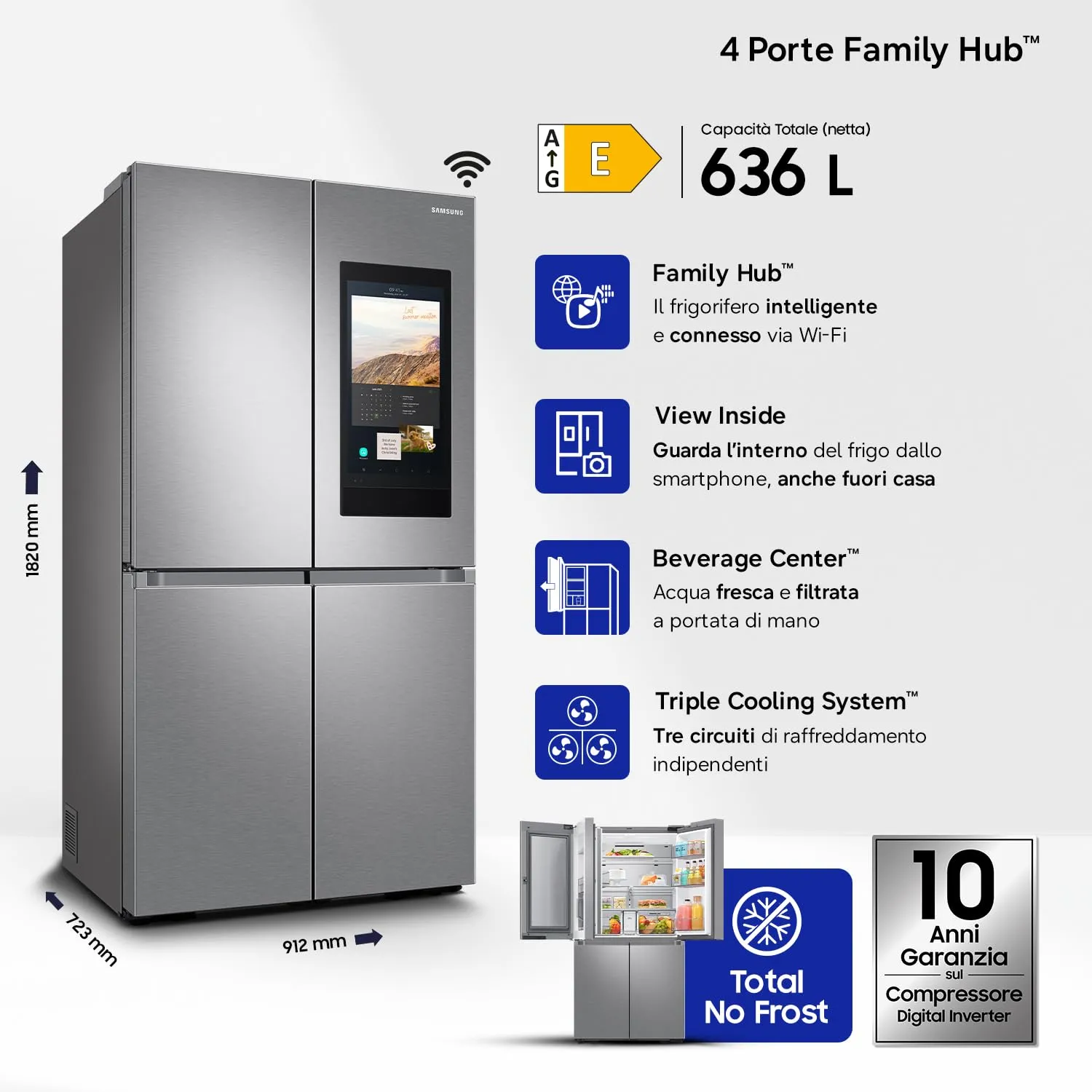 Samsung Frigorifero a 4 Porte Family Hub AI RF65DG9H0ESR/EF, Con AI Vision Inside, Wifi+AI Energy Mode, Beverage Center, Metal Back, 636 L, LxAxP: 91,2 x 183 x 72,3 cm, Inox Spazzolato - immagine 2