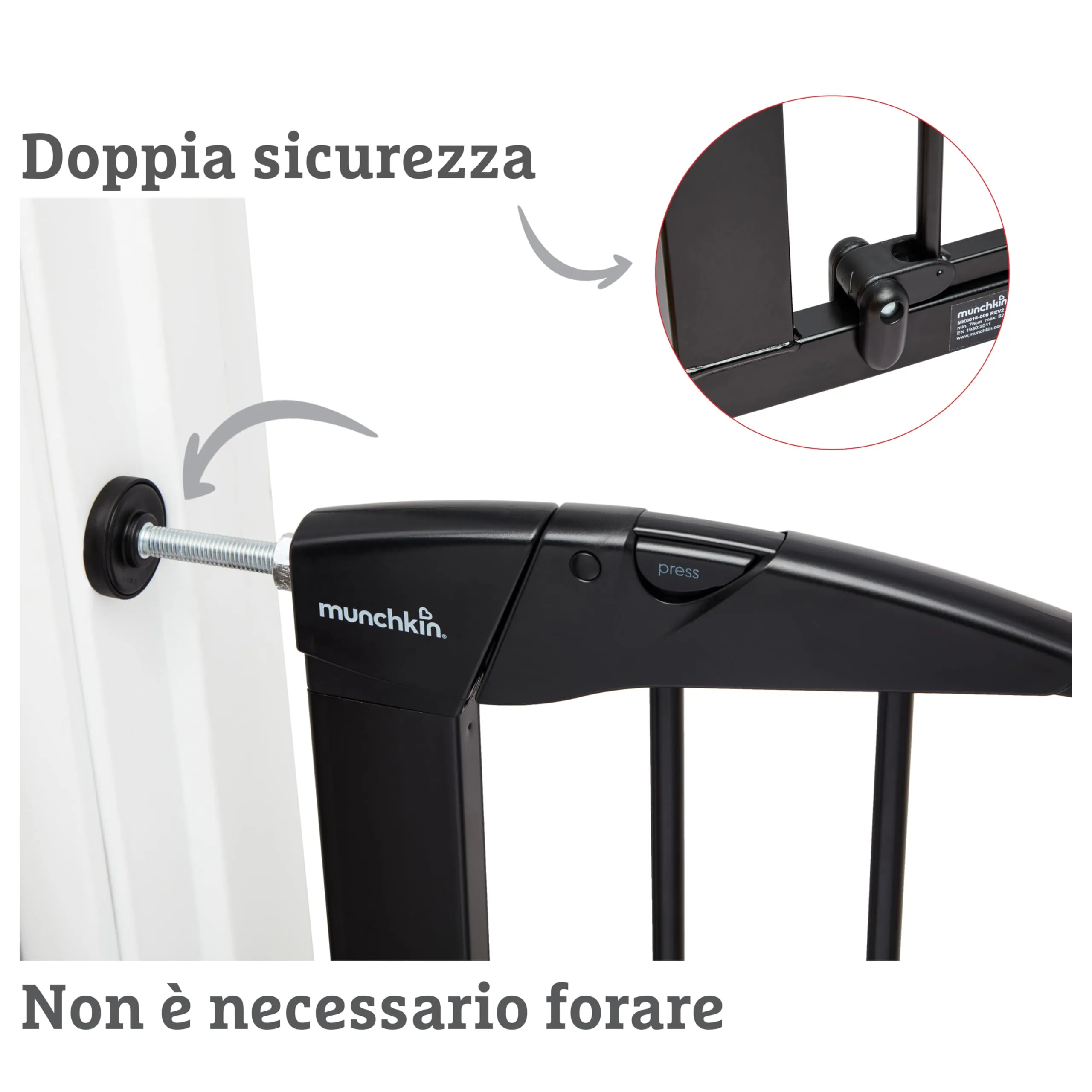 Cancello per scale Munchkin, Cancello per scale Pressure Fit Baby o Dog Gate, Cancello per bambini senza viti facile da installare, 76-82 cm, nero - immagine 5