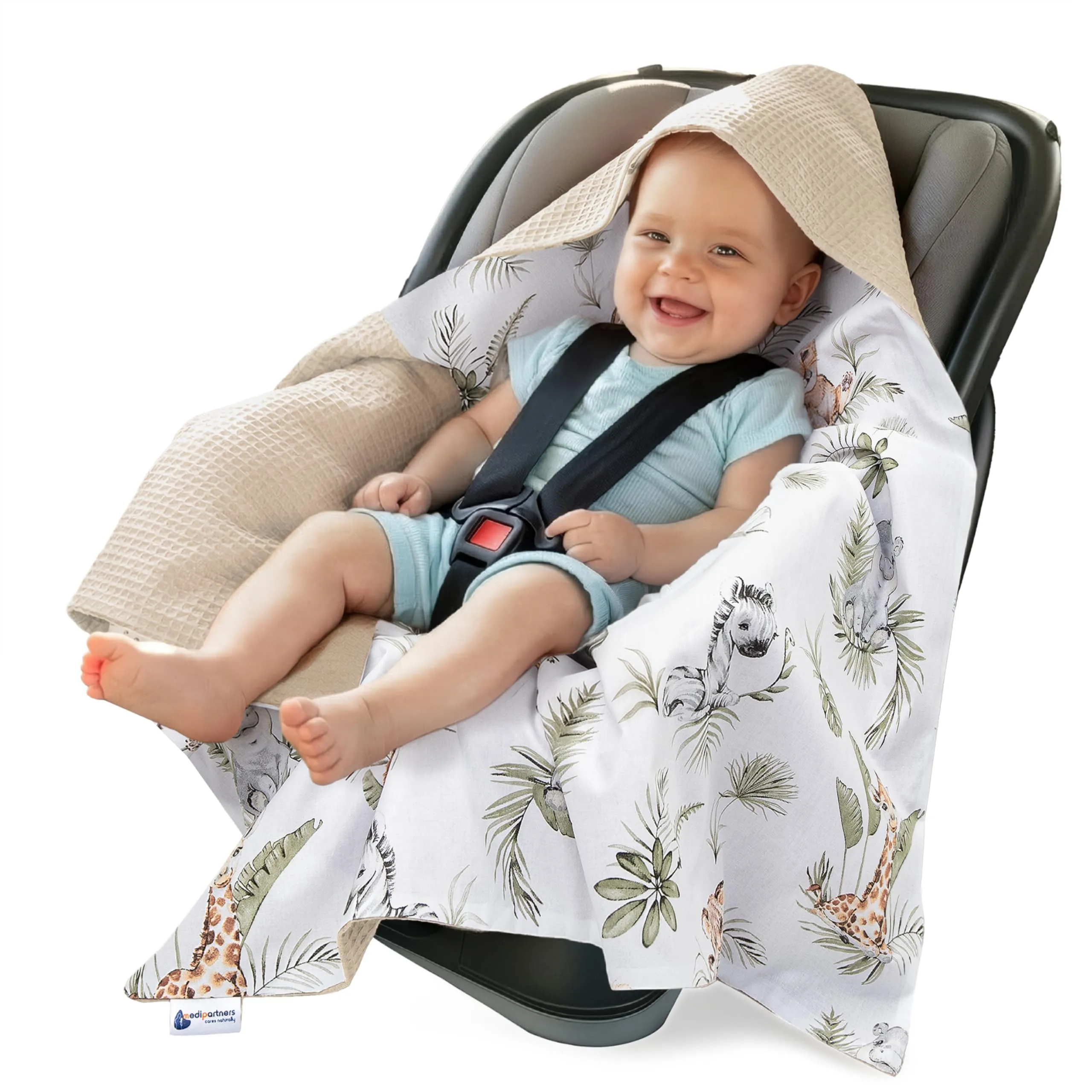 Medi Partners Coperta neonato ovetto Sacco per Passeggino - 100% Cotone universale Blanket 85x85cm fodera protettiva Morbida e Accogliente Passeggini Marsupio (Safari Di Waffle Marroni) - immagine 1