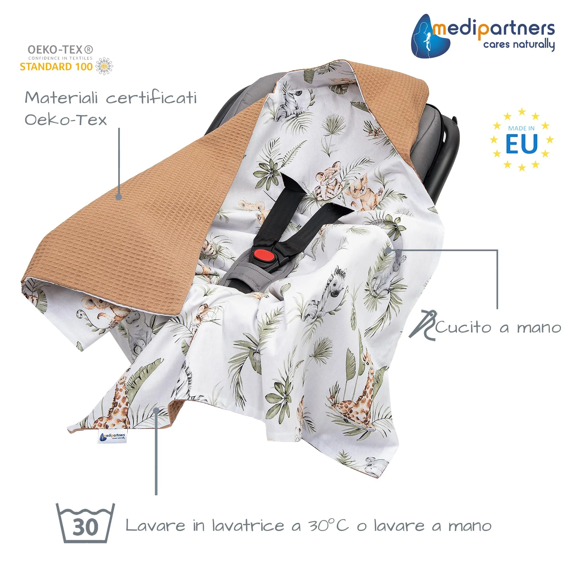 Medi Partners Coperta neonato ovetto Sacco per Passeggino - 100% Cotone universale Blanket 85x85cm fodera protettiva Morbida e Accogliente Passeggini Marsupio (Safari Di Waffle Marroni) - immagine 2