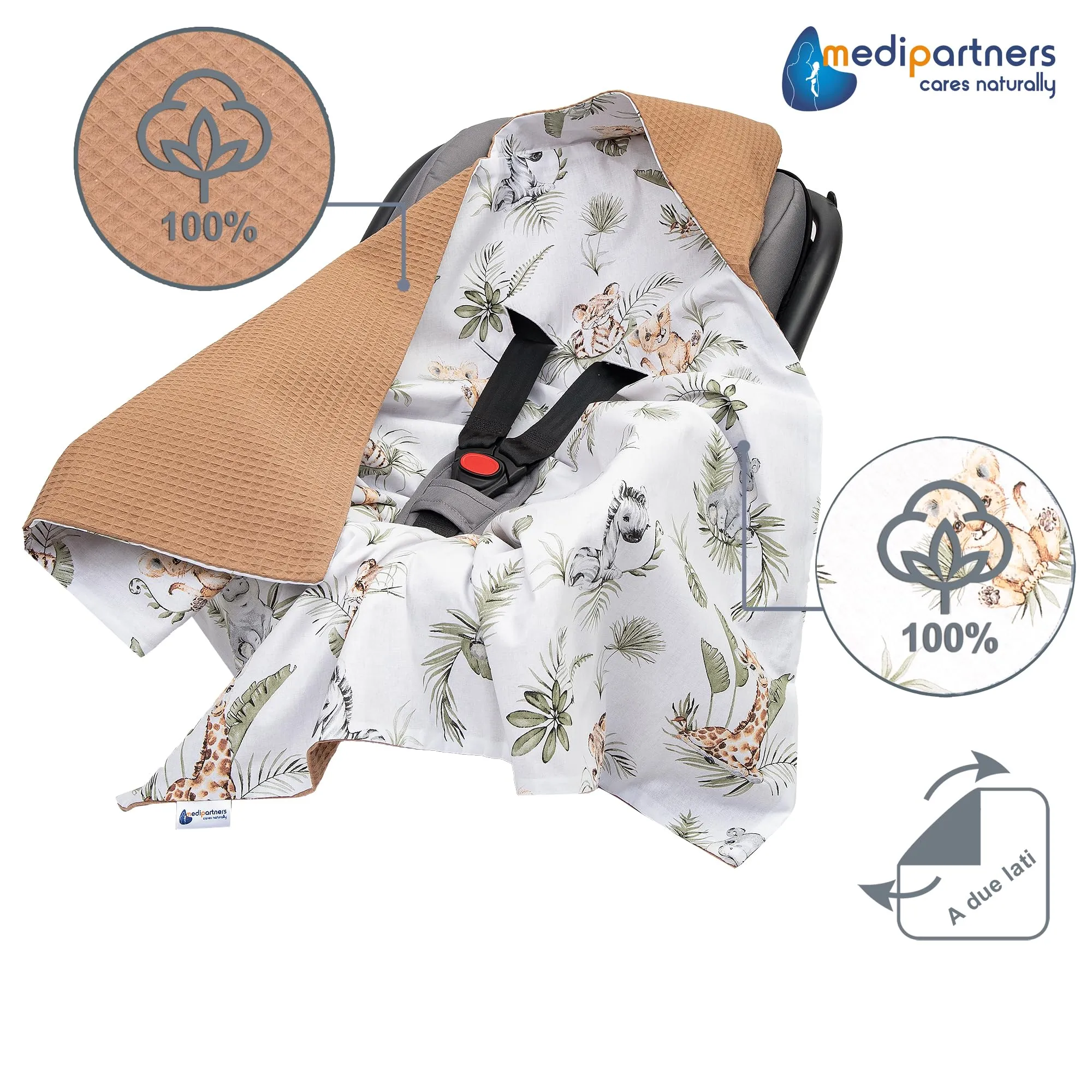 Medi Partners Coperta neonato ovetto Sacco per Passeggino - 100% Cotone universale Blanket 85x85cm fodera protettiva Morbida e Accogliente Passeggini Marsupio (Safari Di Waffle Marroni) - immagine 4