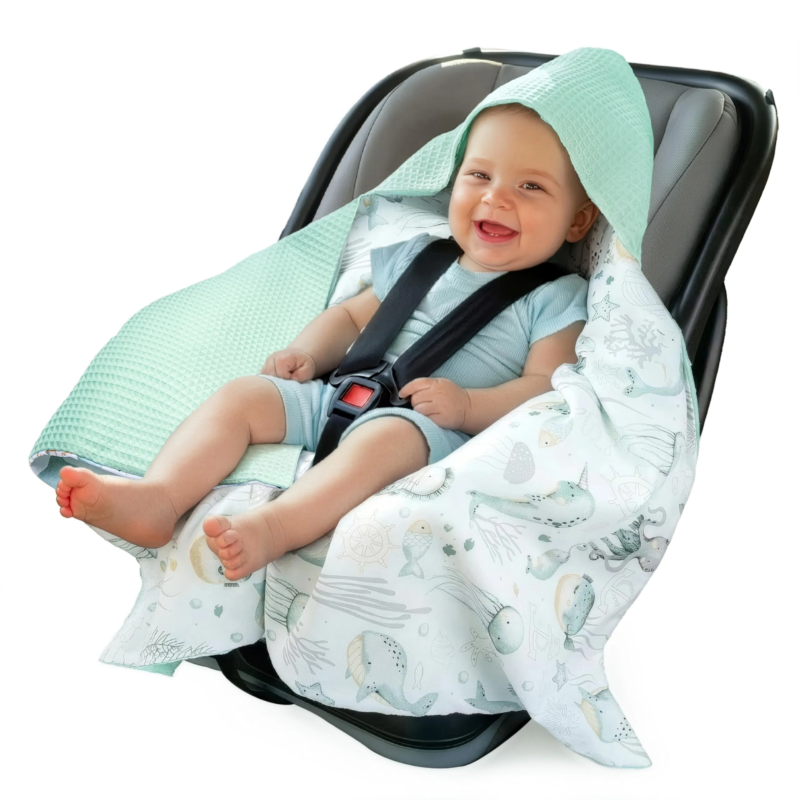 Medi Partners Coperta neonato ovetto Sacco per Passeggino - 100% Cotone universale Blanket 85x85cm fodera protettiva Morbida e Accogliente Passeggini Marsupio (Oceano Con Waffle Alla Menta) - immagine 1