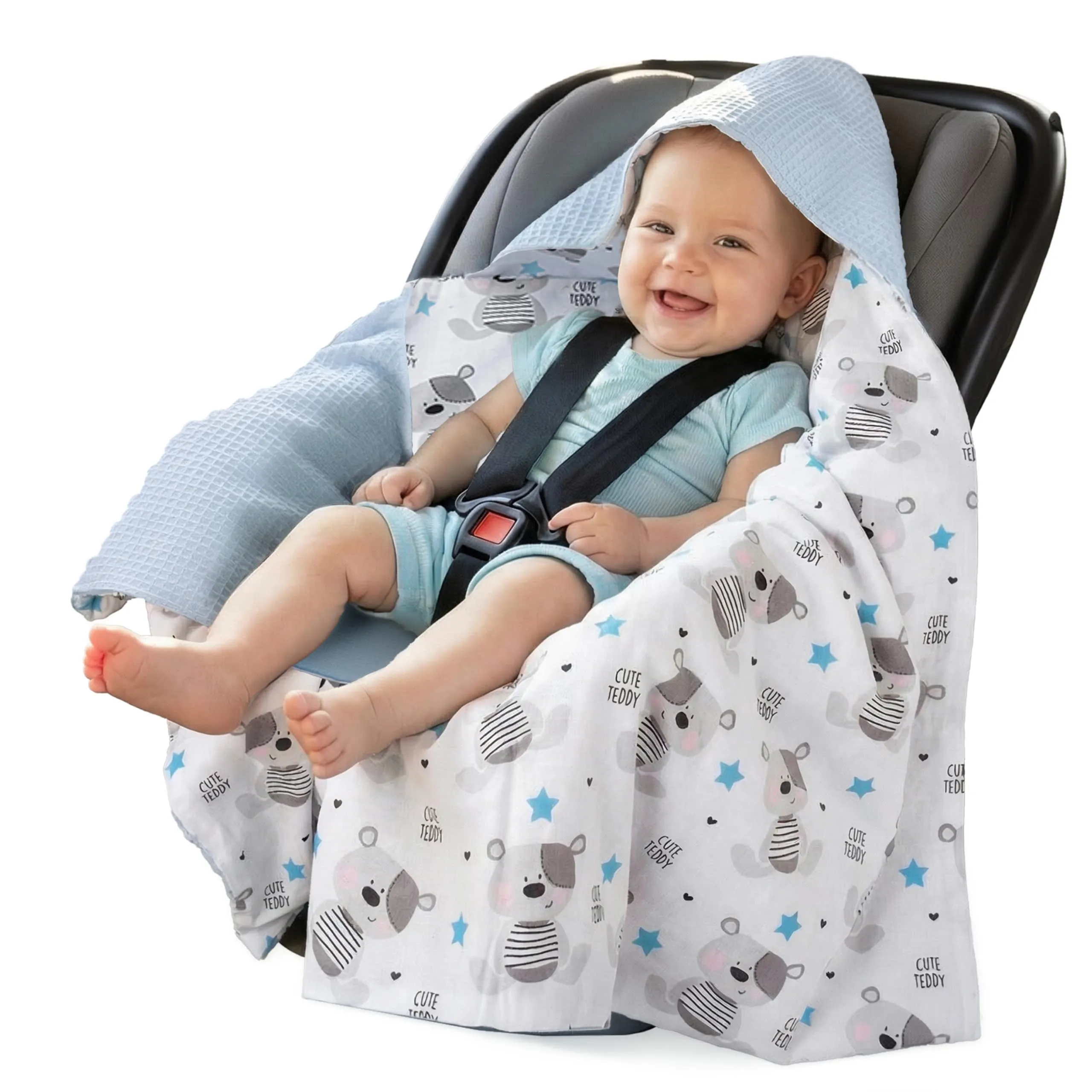 Medi Partners Coperta neonato ovetto Sacco per Passeggino - 100% Cotone universale Blanket 85x85cm fodera protettiva Morbida e Accogliente Passeggini Marsupio (Orsacchiotto Con Waffle Azzurro) - immagine 1