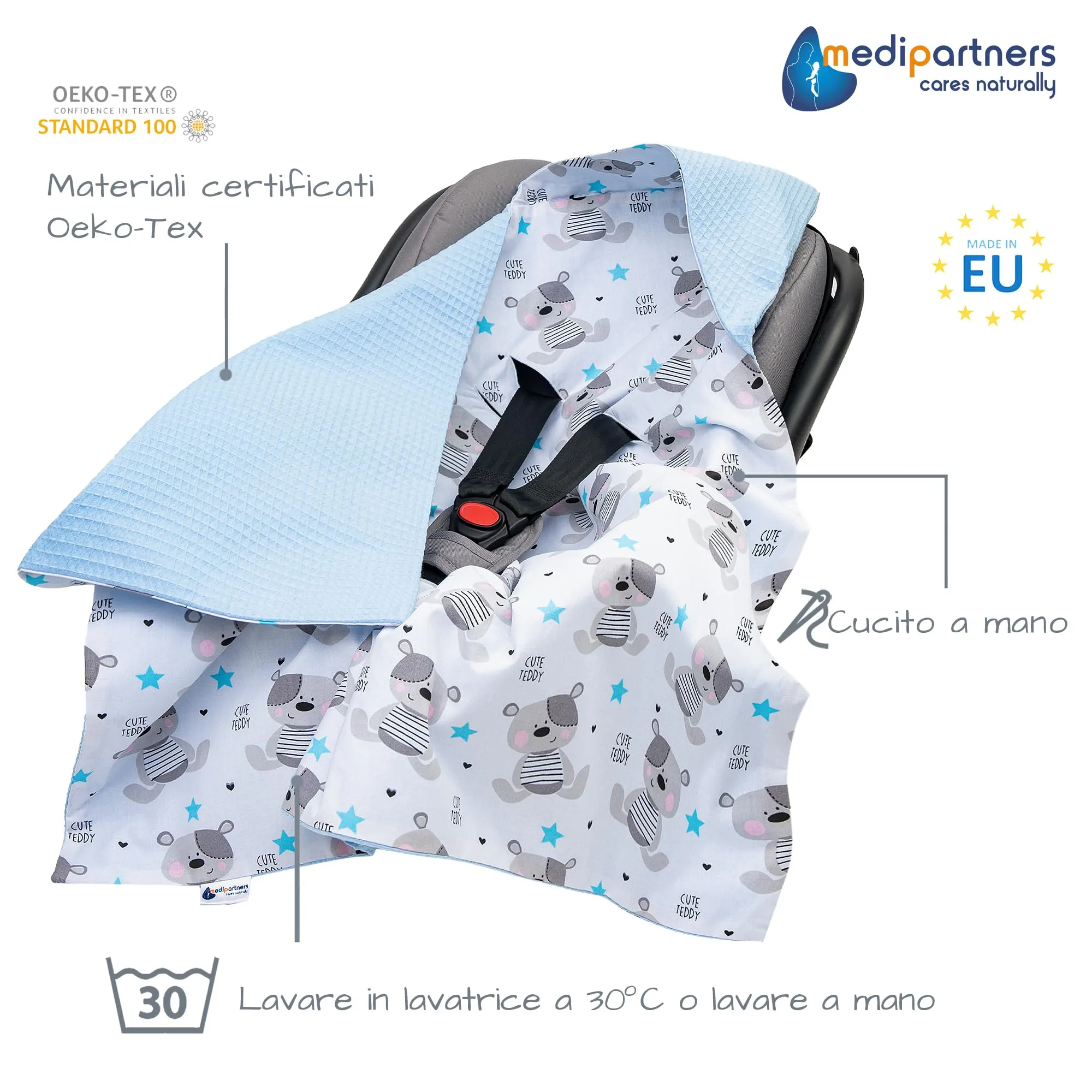 Medi Partners Coperta neonato ovetto Sacco per Passeggino - 100% Cotone universale Blanket 85x85cm fodera protettiva Morbida e Accogliente Passeggini Marsupio (Orsacchiotto Con Waffle Azzurro) - immagine 2
