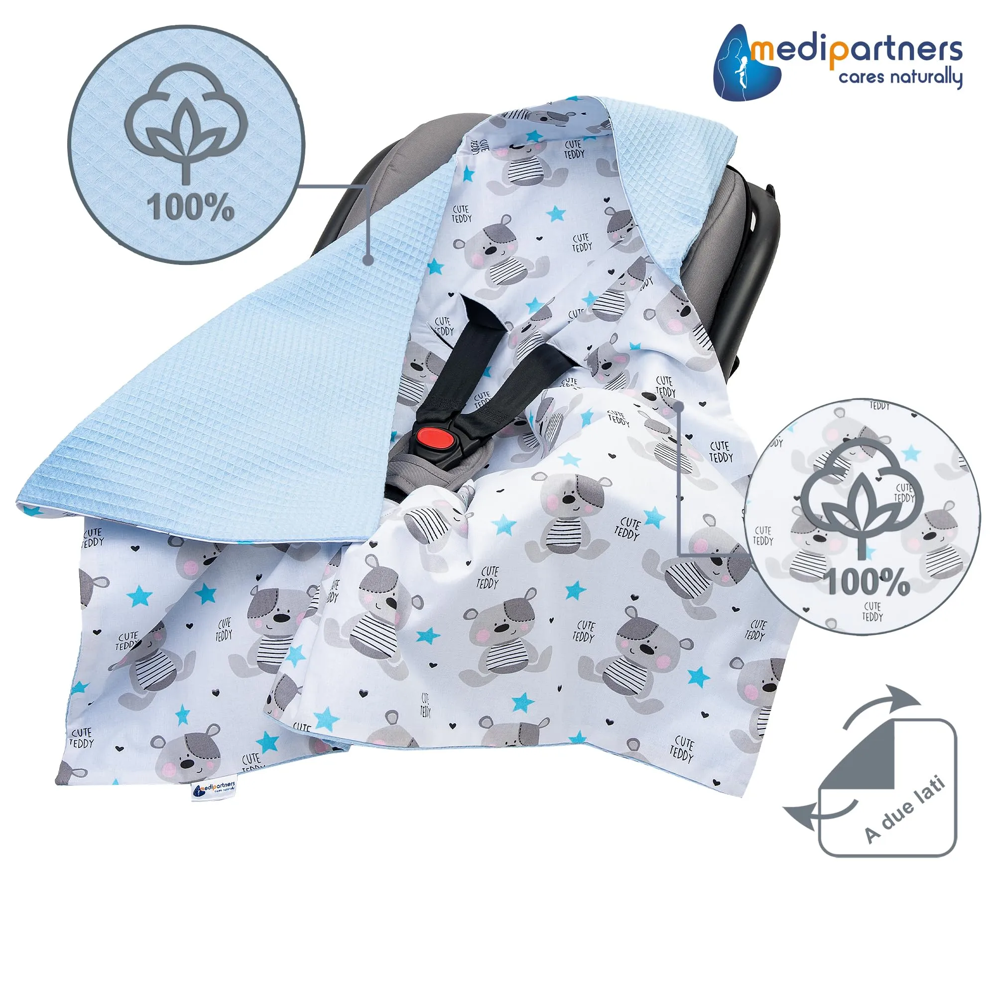 Medi Partners Coperta neonato ovetto Sacco per Passeggino - 100% Cotone universale Blanket 85x85cm fodera protettiva Morbida e Accogliente Passeggini Marsupio (Orsacchiotto Con Waffle Azzurro) - immagine 4