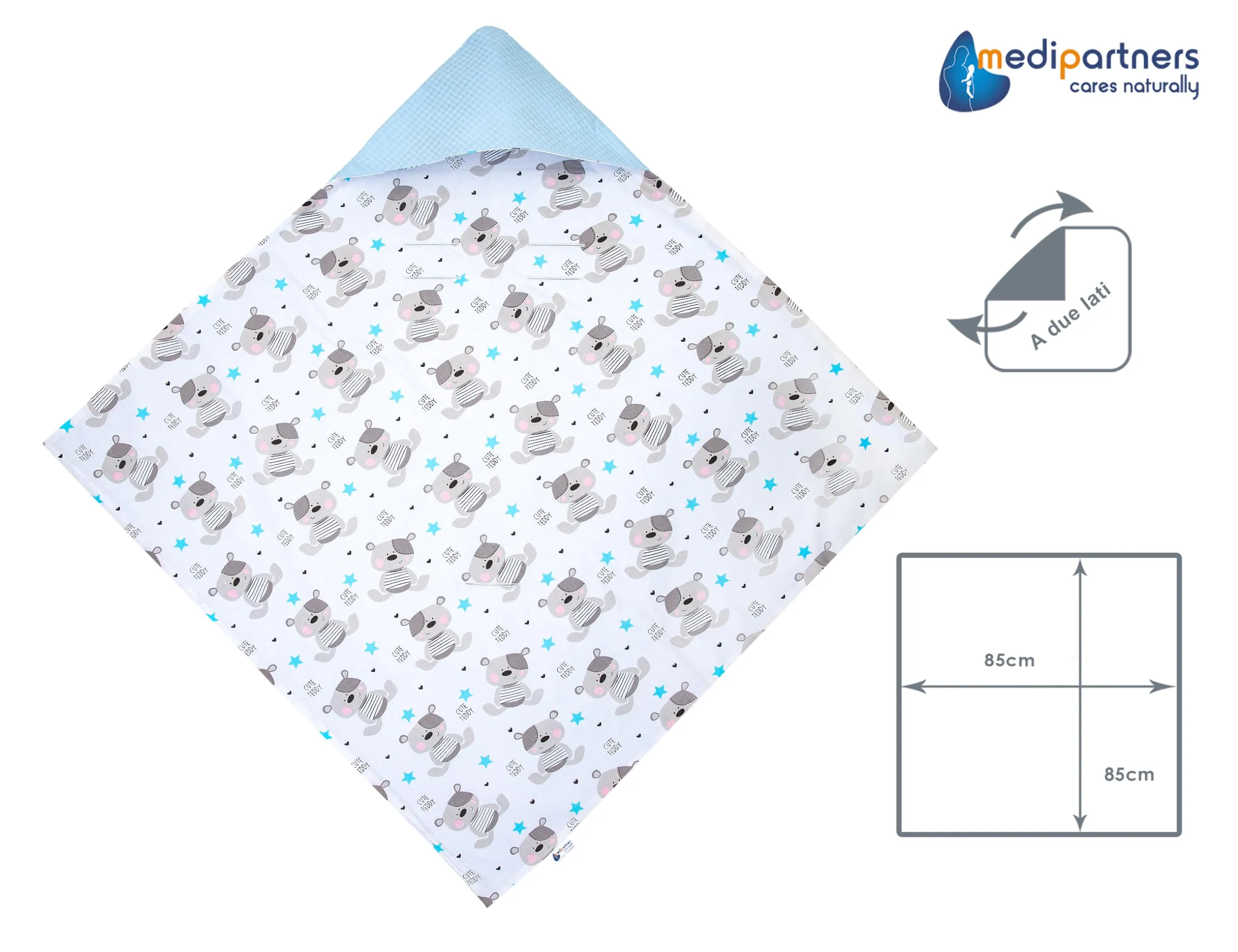 Medi Partners Coperta neonato ovetto Sacco per Passeggino - 100% Cotone universale Blanket 85x85cm fodera protettiva Morbida e Accogliente Passeggini Marsupio (Orsacchiotto Con Waffle Azzurro) - immagine 5
