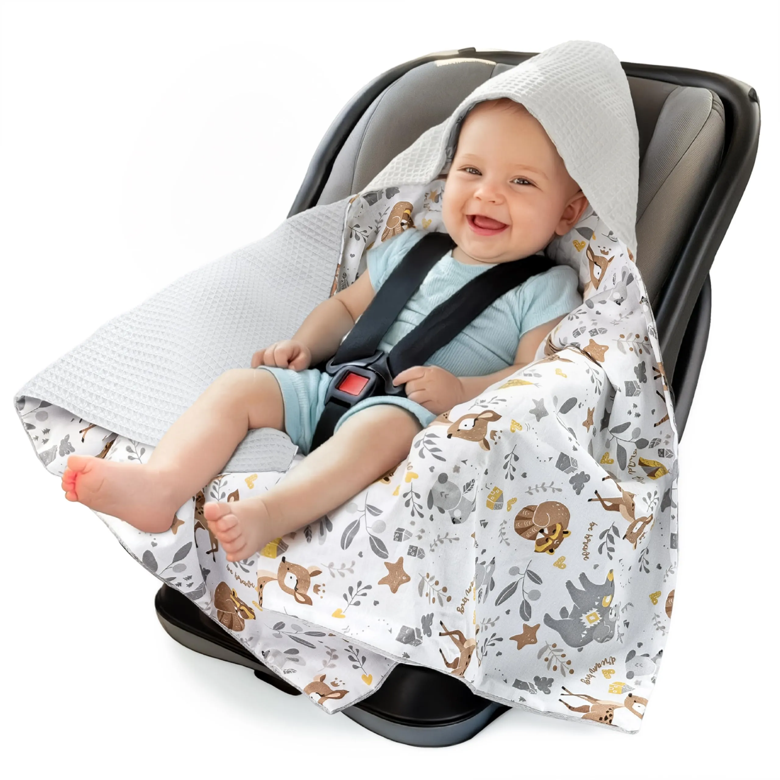 Medi Partners Coperta neonato ovetto Sacco per Passeggino - 100% Cotone universale Blanket 85x85cm fodera protettiva Morbida e Accogliente Passeggini Marsupio (Cervo Con Grigio Waffle) - immagine 1