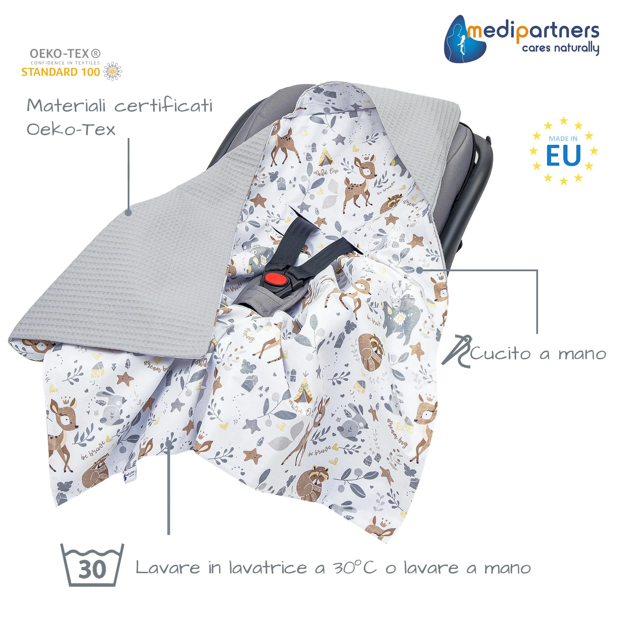 Medi Partners Coperta neonato ovetto Sacco per Passeggino - 100% Cotone universale Blanket 85x85cm fodera protettiva Morbida e Accogliente Passeggini Marsupio (Cervo Con Grigio Waffle) - immagine 2
