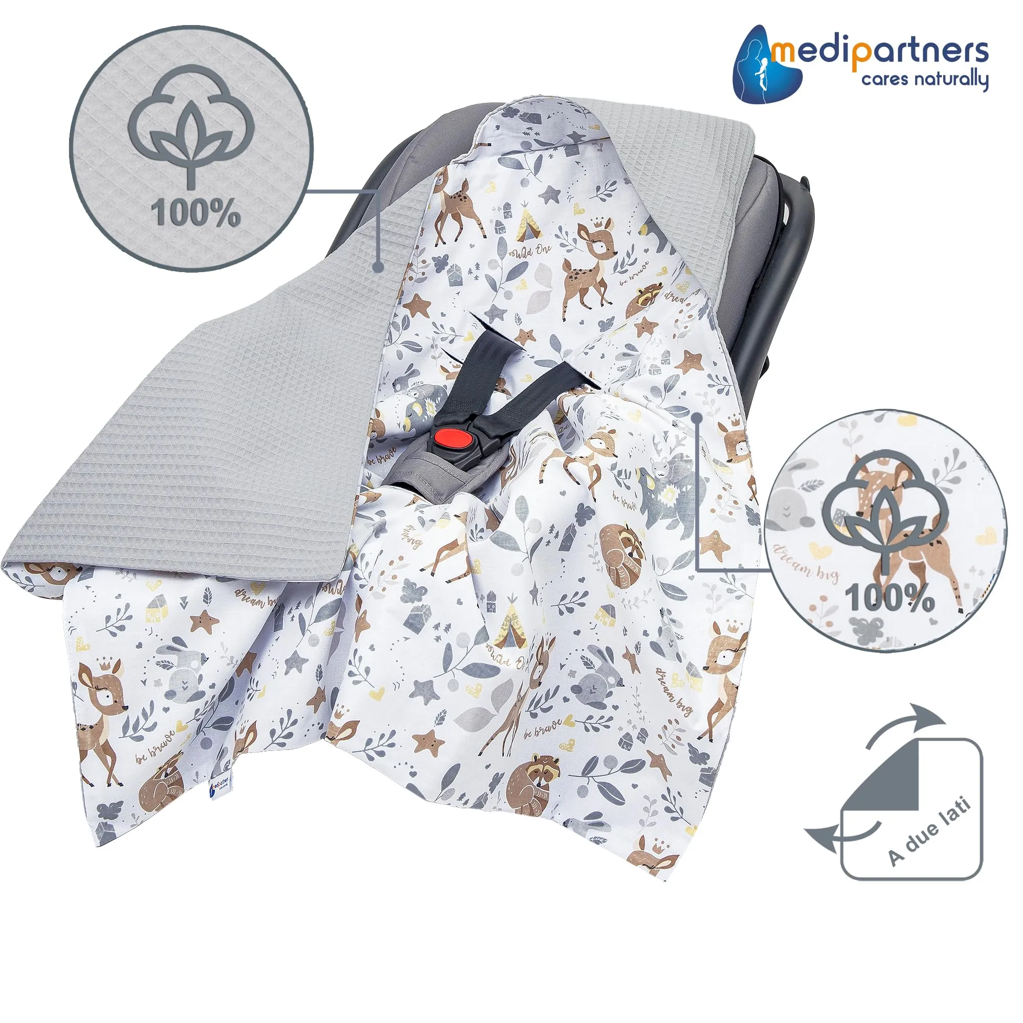 Medi Partners Coperta neonato ovetto Sacco per Passeggino - 100% Cotone universale Blanket 85x85cm fodera protettiva Morbida e Accogliente Passeggini Marsupio (Cervo Con Grigio Waffle) - immagine 4