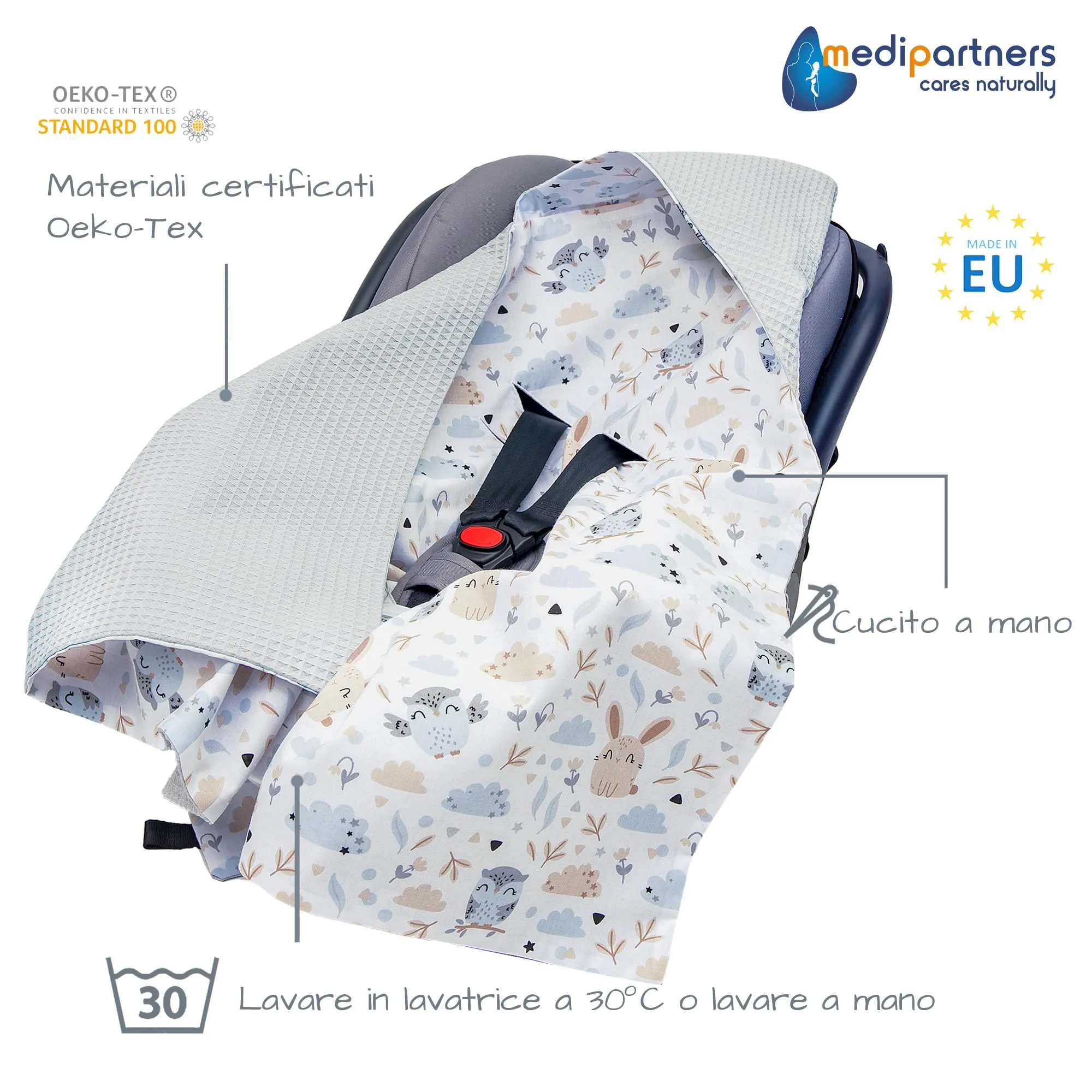 Medi Partners Coperta neonato ovetto Sacco per Passeggino - 100% Cotone universale Blanket 85x85cm fodera protettiva Morbida e Accogliente Passeggini Marsupio (Radura Con Waffle Grigia) - immagine 2