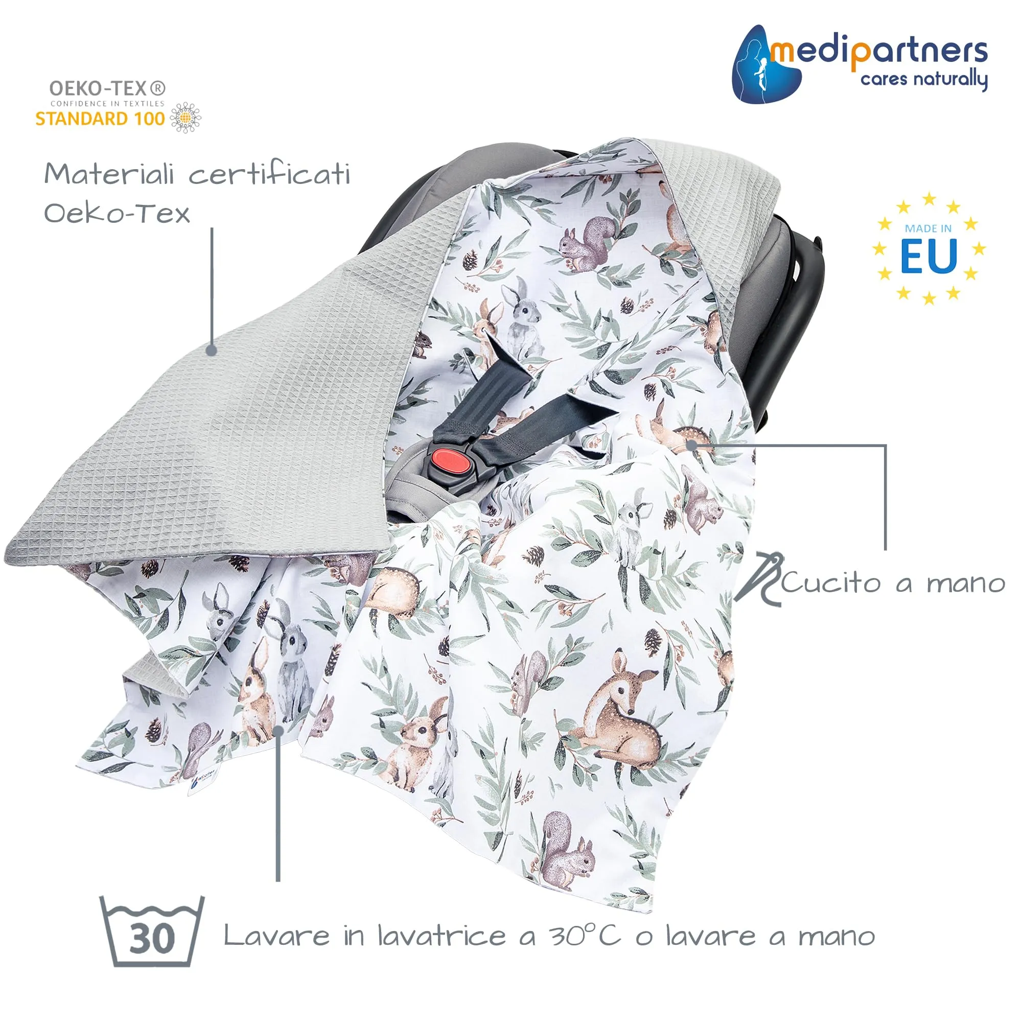 Medi Partners Coperta neonato ovetto Sacco per Passeggino - 100% Cotone universale Blanket 85x85cm fodera protettiva Morbida e Accogliente Passeggini Marsupio (Cervo In Foglie Con Waffle Grigio) - immagine 2