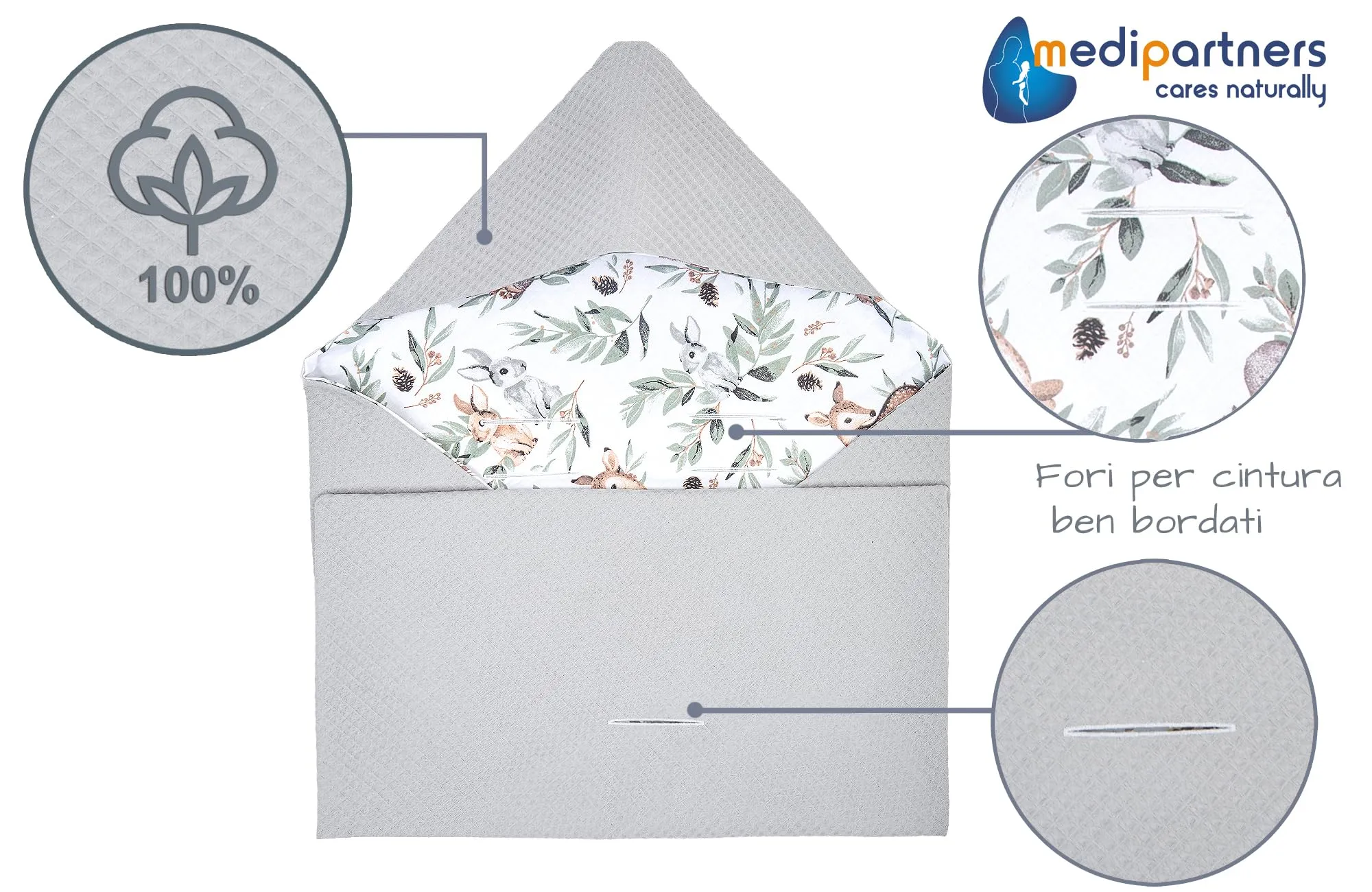 Medi Partners Coperta neonato ovetto Sacco per Passeggino - 100% Cotone universale Blanket 85x85cm fodera protettiva Morbida e Accogliente Passeggini Marsupio (Cervo In Foglie Con Waffle Grigio) - immagine 3