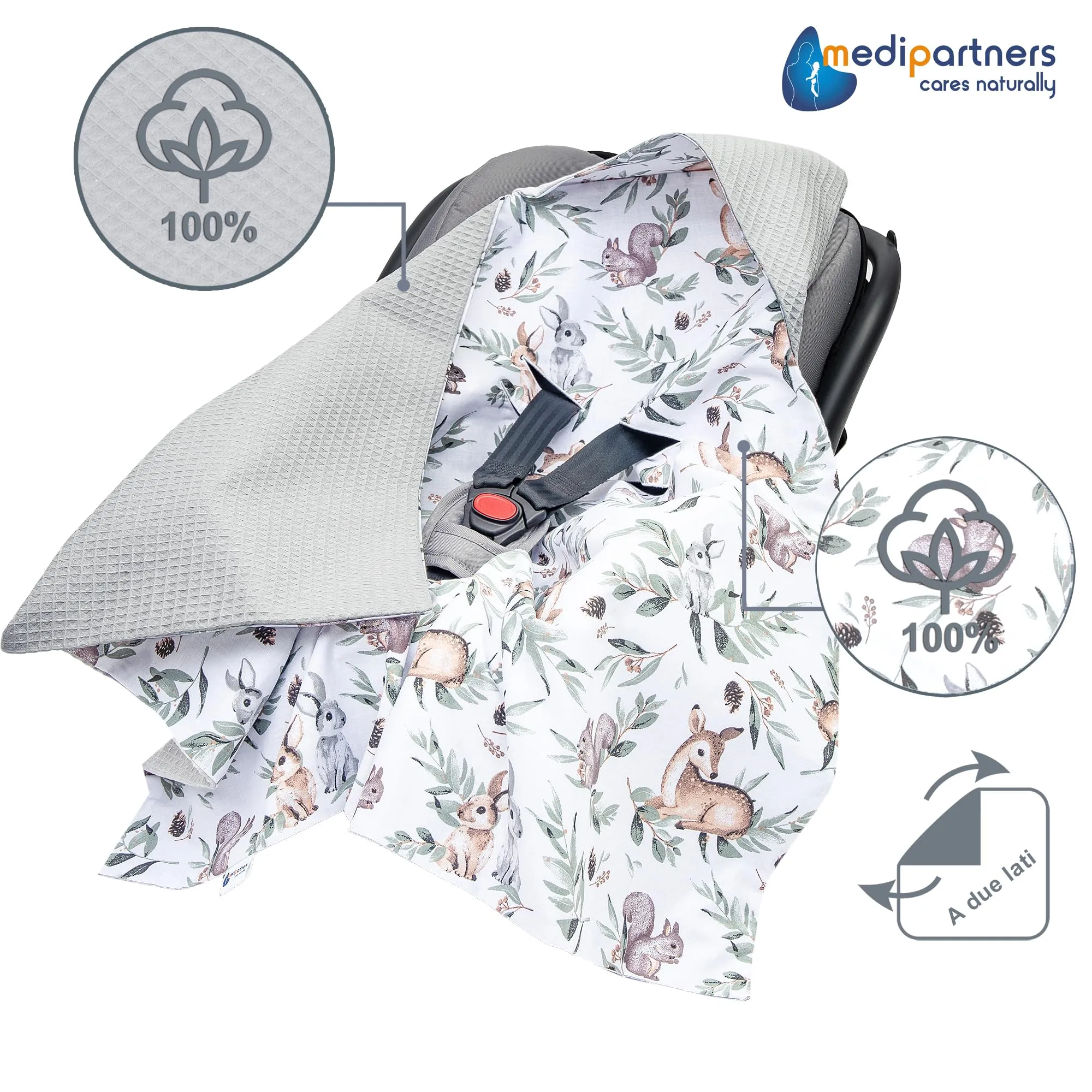 Medi Partners Coperta neonato ovetto Sacco per Passeggino - 100% Cotone universale Blanket 85x85cm fodera protettiva Morbida e Accogliente Passeggini Marsupio (Cervo In Foglie Con Waffle Grigio) - immagine 4