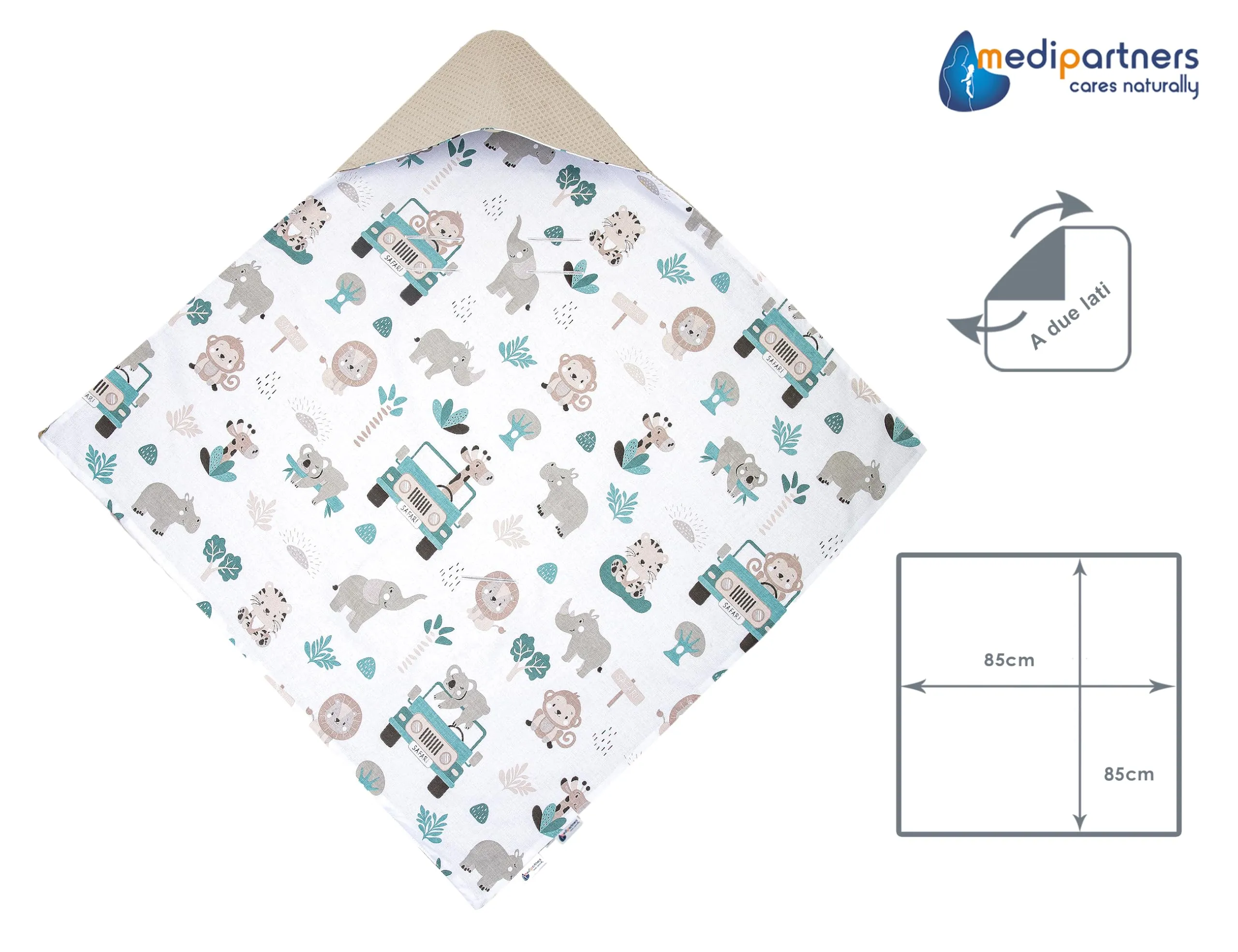 Medi Partners Coperta neonato ovetto Sacco per Passeggino - 100% Cotone universale Blanket 85x85cm fodera protettiva Morbida e Accogliente Passeggini Marsupio (Zoo Alla Menta Con Waffle Grigio) - immagine 4