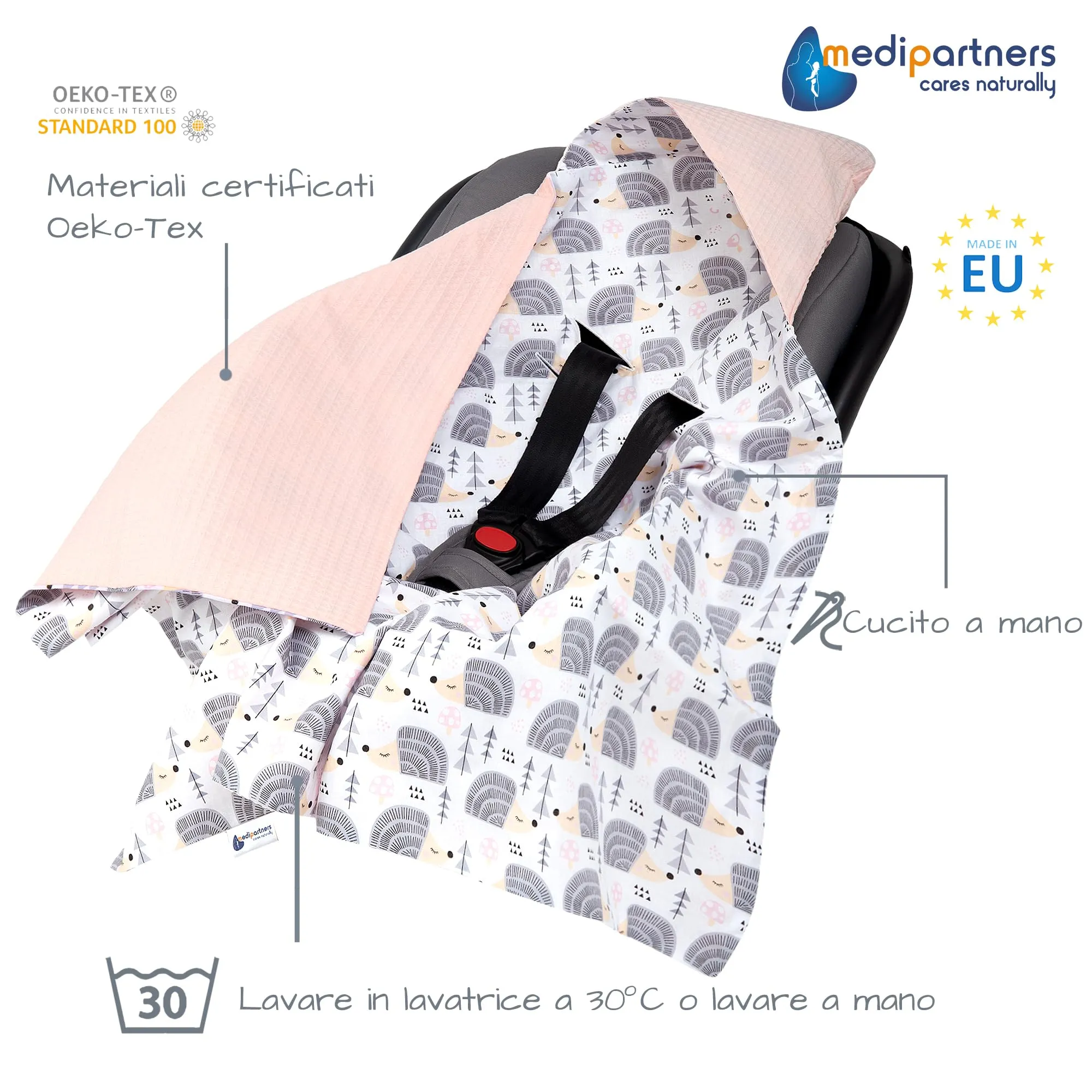 Medi Partners Coperta neonato ovetto Sacco per Passeggino - 100% Cotone universale Blanket 85x85cm fodera protettiva Morbida e Accogliente Passeggini Marsupio (Ricci Con Rosa Chiaro Waffle) - immagine 2