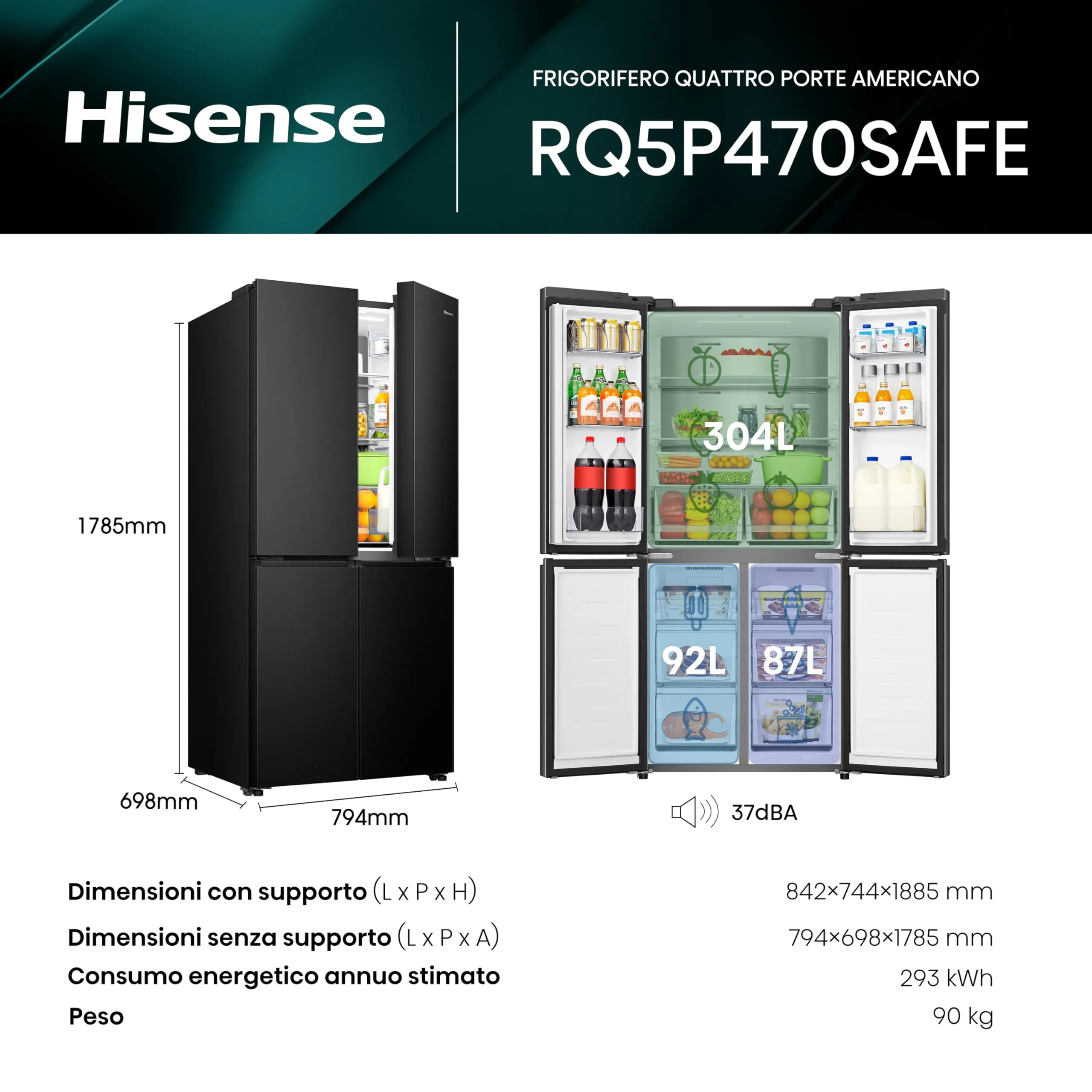Hisense RQ5P470SAFE Frigorifero Americano Quattro Porte, 483 Litri, Total No Frost, WiFi, Metal Tech Cooling, Controllo Touch, Classe E, Inox Nero - immagine 2