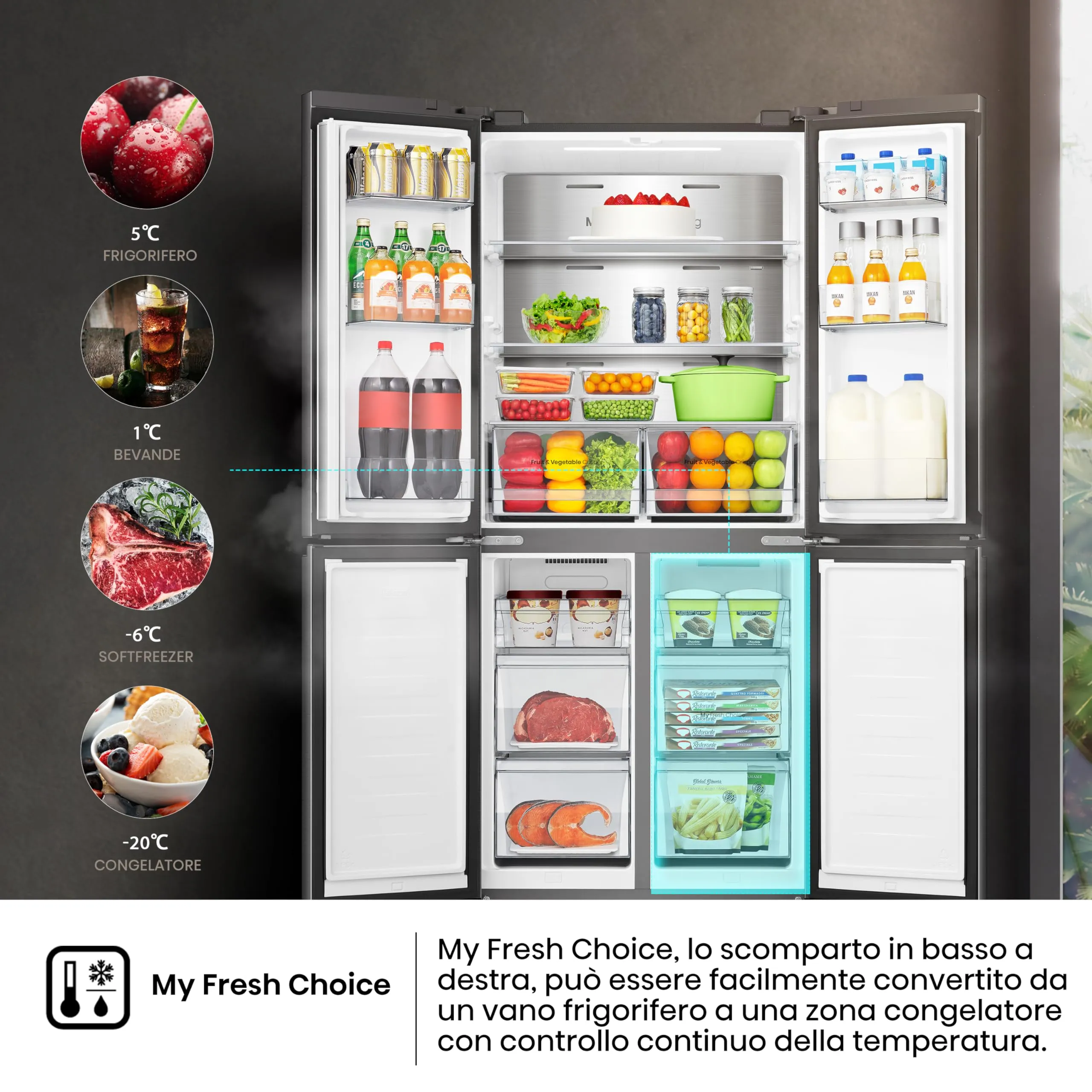 Hisense RQ5P470SAFE Frigorifero Americano Quattro Porte, 483 Litri, Total No Frost, WiFi, Metal Tech Cooling, Controllo Touch, Classe E, Inox Nero - immagine 5