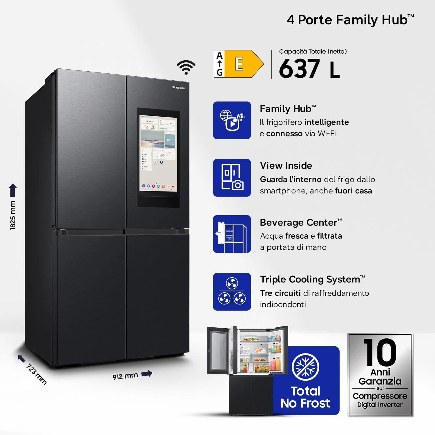 Samsung Frigorifero a 4 Porte Family Hub AI RF65DG9H0EB1/EF, Con AI Vision Inside, Wifi+AI Energy Mode, Beverage Center, Metal Back, 636 L, LxAxP: 91,2 x 183 x 72,3 cm, Antracite - immagine 2