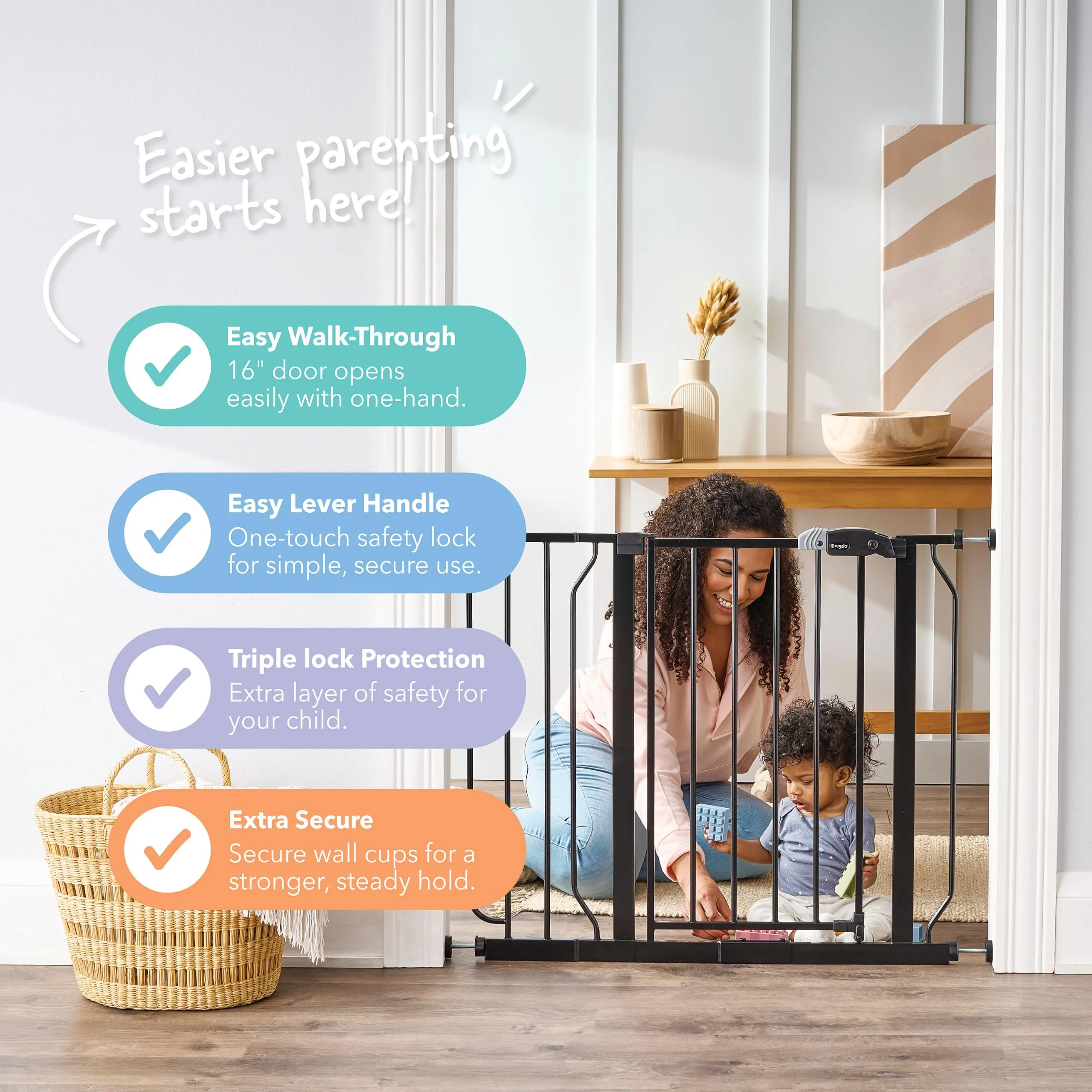 Regalo Safety Easy Step Baby Gate for Doorways & Bottom of Stairs, Fits Openings 73.6-95.5cm (Extension Included) Pressure Mounted for Babies, Toddlers & Pets, Black - immagine 4