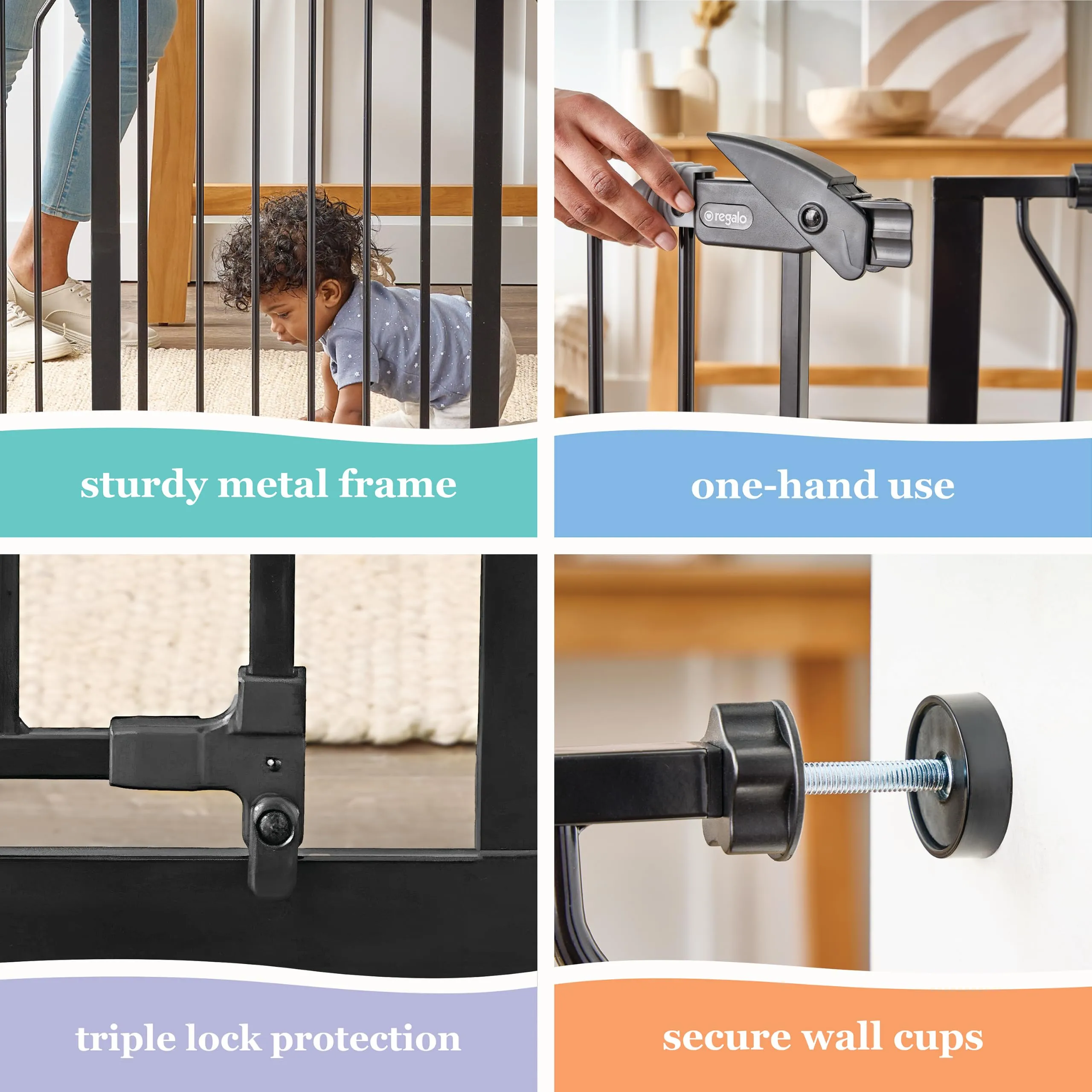 Regalo Safety Easy Step Baby Gate for Doorways & Bottom of Stairs, Fits Openings 73.6-95.5cm (Extension Included) Pressure Mounted for Babies, Toddlers & Pets, Black - immagine 5