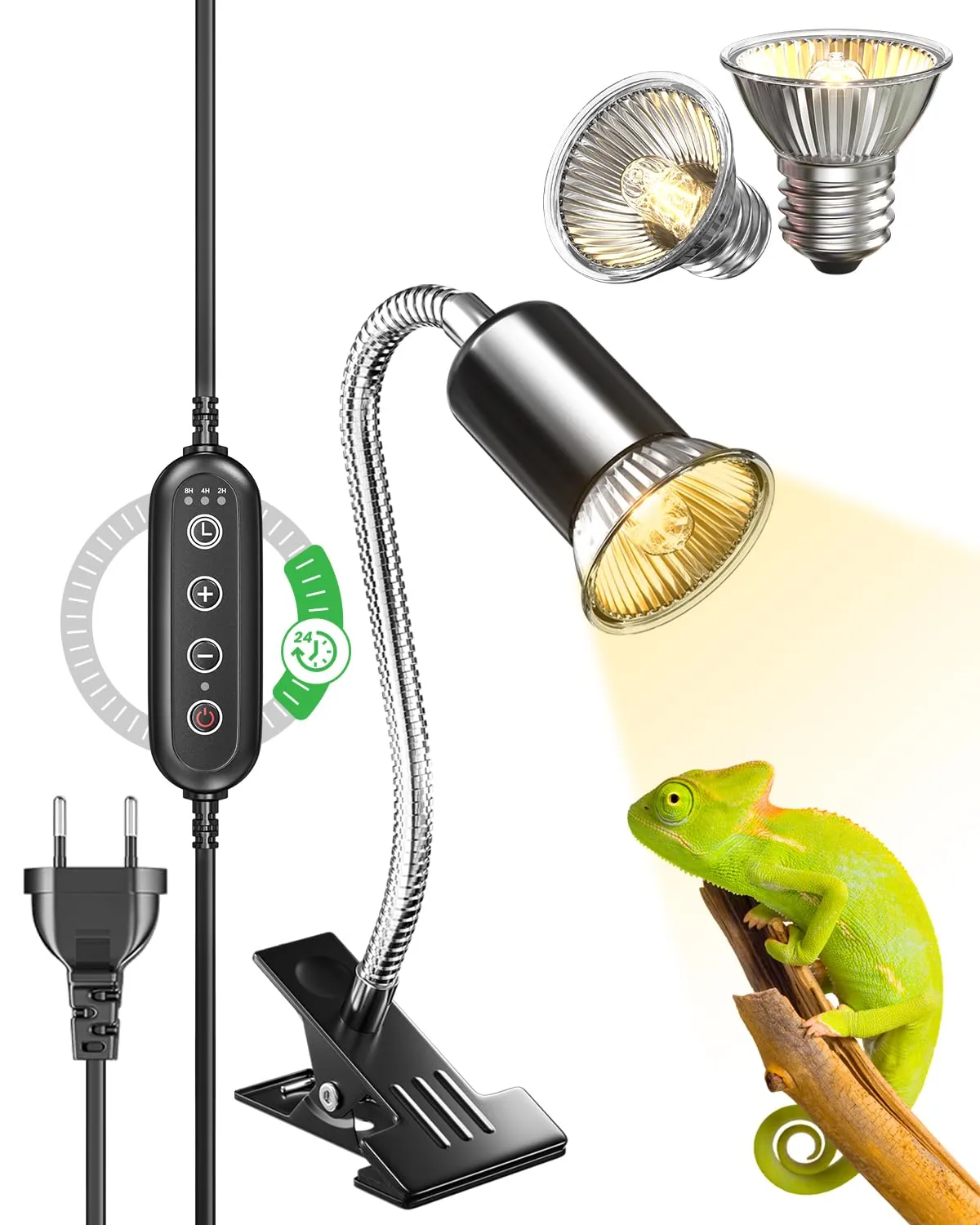 GlowUp Lampada di Calore per Rettili con Timer Ciclico, Luce Calda per Tartarughe con Clip, Lampada per Basking Rotante a 360° per Rettili, Lucertola, Tartaruga, Serpente, Include 2 Lampadine E27 - immagine 1