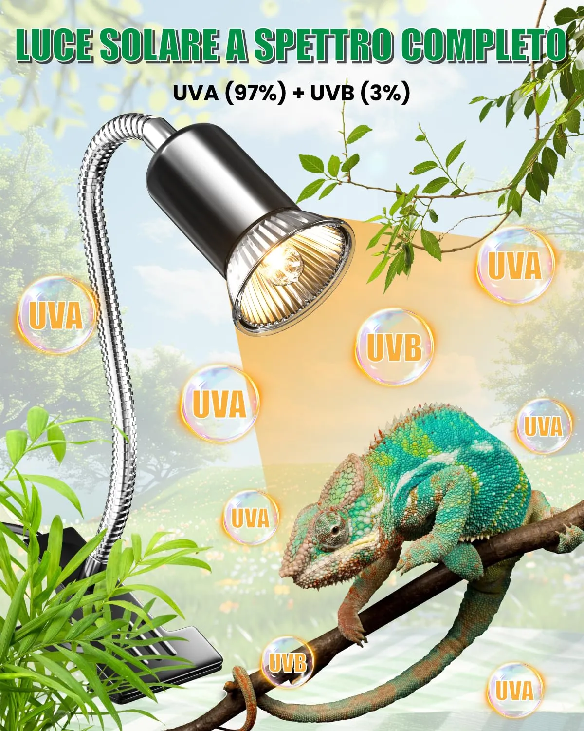 GlowUp Lampada di Calore per Rettili con Timer Ciclico, Luce Calda per Tartarughe con Clip, Lampada per Basking Rotante a 360° per Rettili, Lucertola, Tartaruga, Serpente, Include 2 Lampadine E27 - immagine 2
