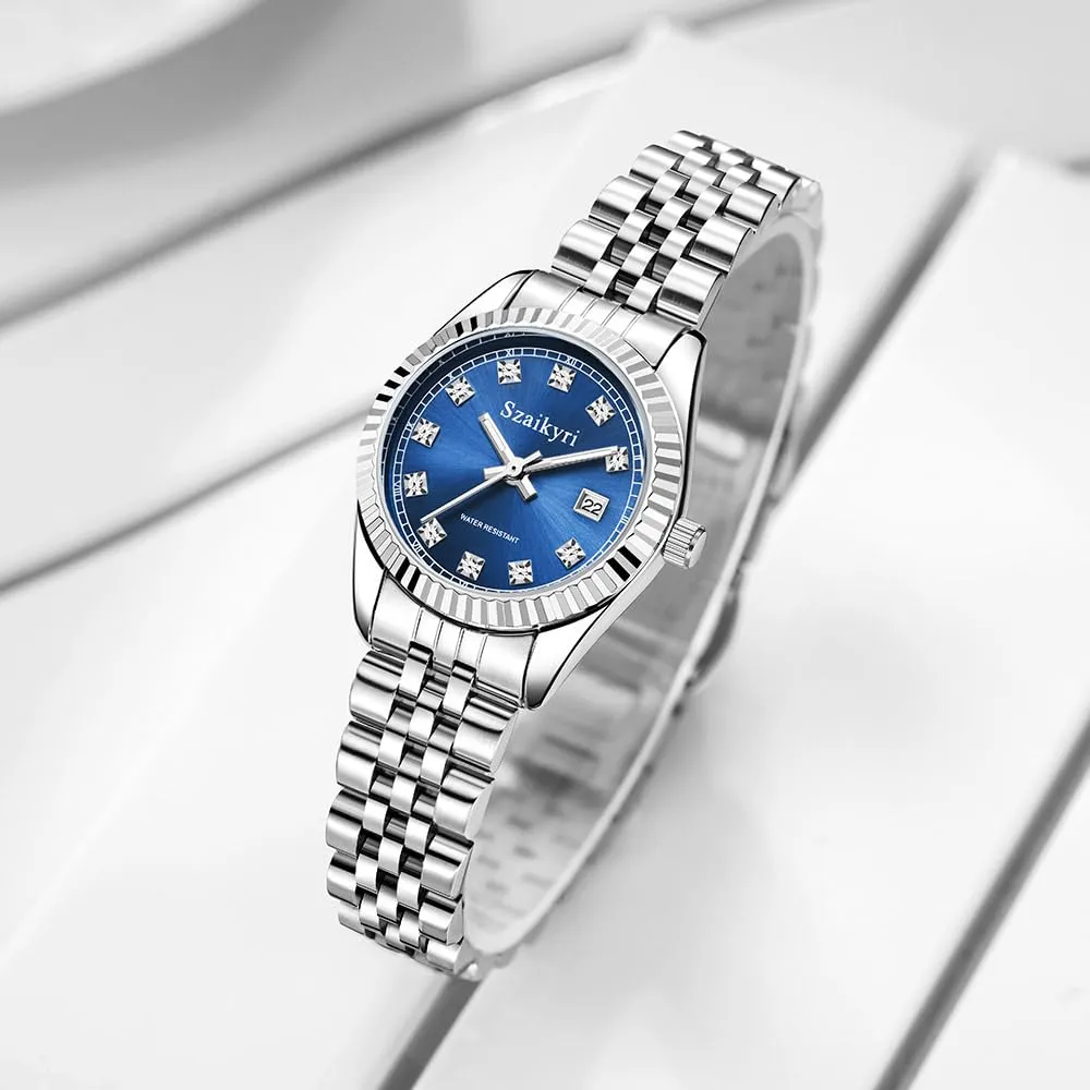 Szaikyri Orologio Donna con Calendario Classico Femminile con Ganciapia di Acciaio Inossidabile Solido Resistente All'Acqua Orologi da Compleanno per Donna (Silver Blue) - immagine 3