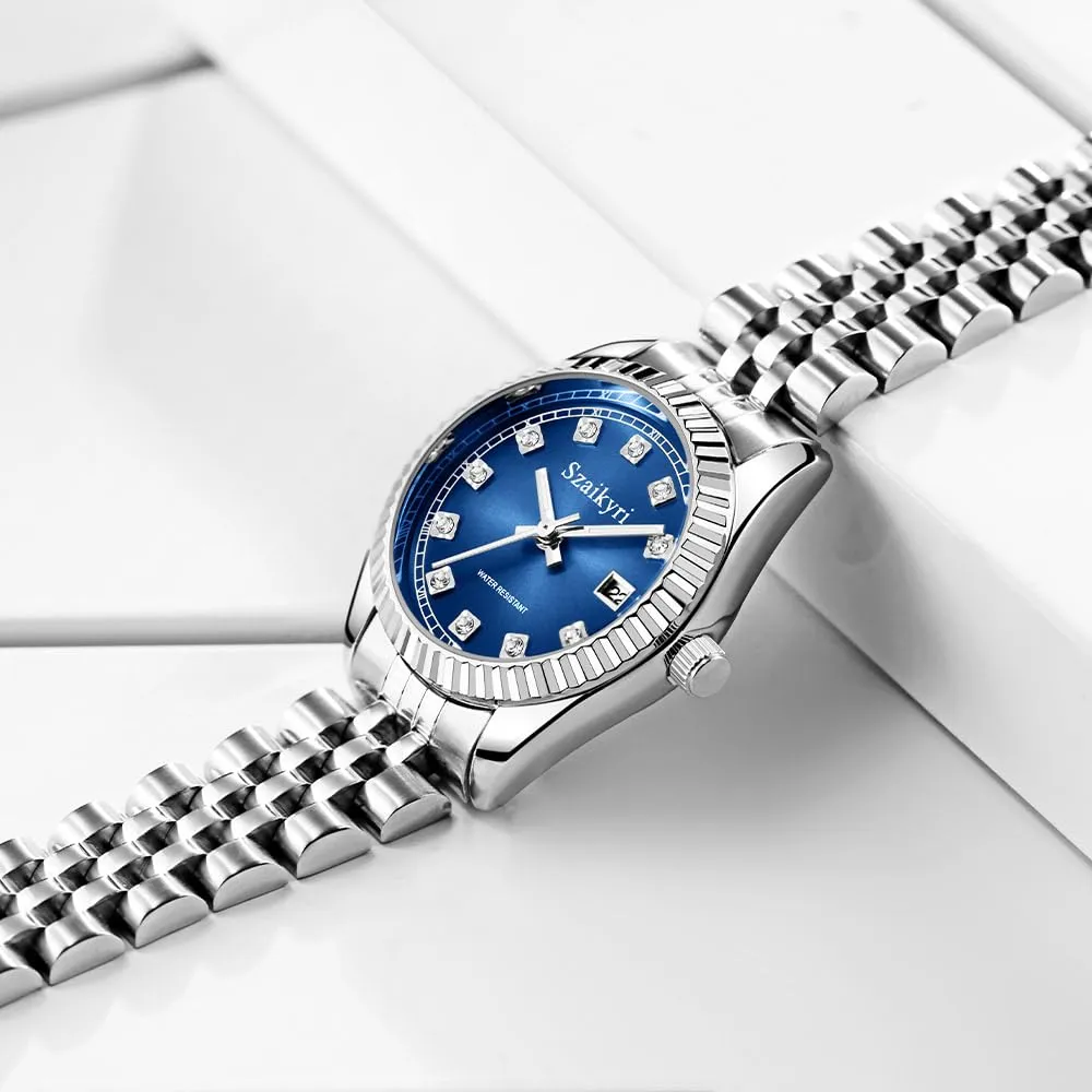 Szaikyri Orologio Donna con Calendario Classico Femminile con Ganciapia di Acciaio Inossidabile Solido Resistente All'Acqua Orologi da Compleanno per Donna (Silver Blue) - immagine 4