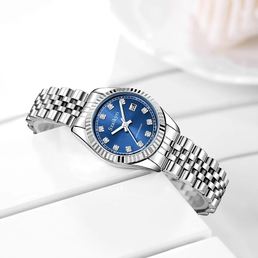 Szaikyri Orologio Donna con Calendario Classico Femminile con Ganciapia di Acciaio Inossidabile Solido Resistente All'Acqua Orologi da Compleanno per Donna (Silver Blue) - immagine 5