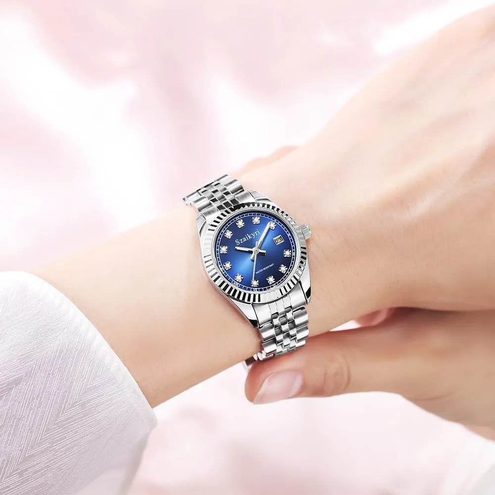Szaikyri Orologio Donna con Calendario Classico Femminile con Ganciapia di Acciaio Inossidabile Solido Resistente All'Acqua Orologi da Compleanno per Donna (Silver Blue) - immagine 7