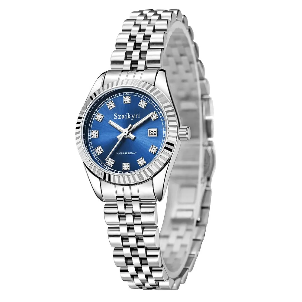 Szaikyri Orologio Donna con Calendario Classico Femminile con Ganciapia di Acciaio Inossidabile Solido Resistente All'Acqua Orologi da Compleanno per Donna (Silver Blue) - immagine 8