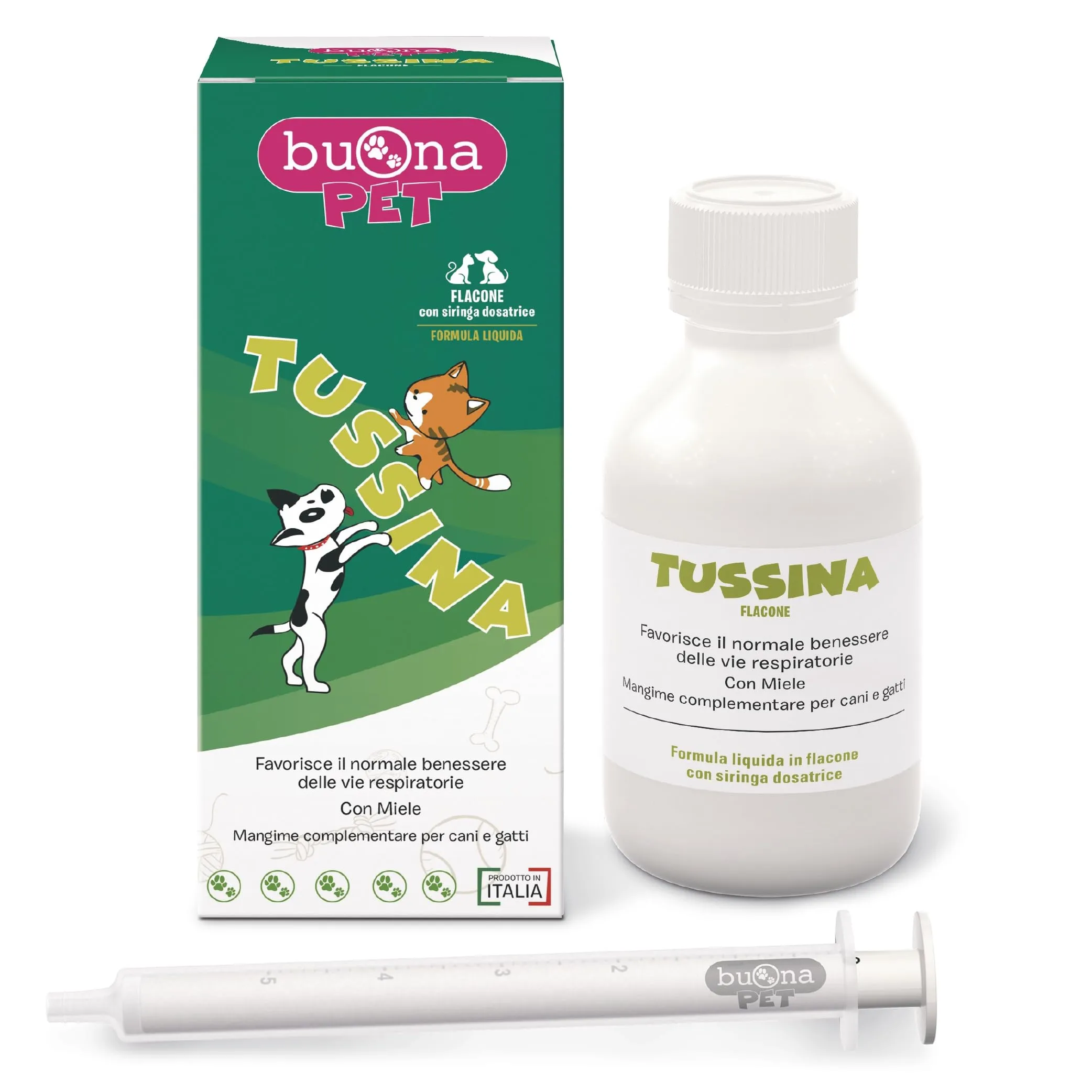 Buona Pet Tussina per Cani e Gatti Flacone 100 ml, Forma Liquida con Miele, Thymox®, Grindelia, Naringina e Ribes nero, Integratori per Cani e Gatti per il Benessere delle Vie Respiratorie - immagine 1
