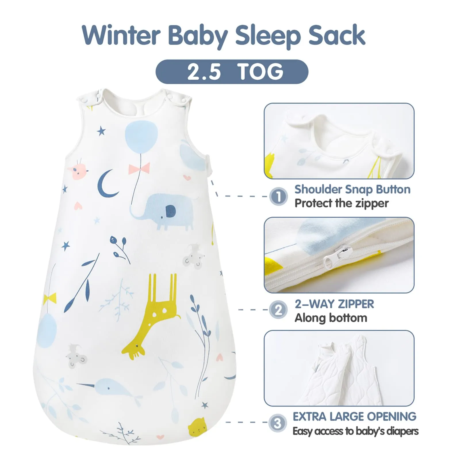 Mosebears Sacco nanna invernale per bambini, 2,5 Tog, 100% cotone, diverse dimensioni disponibili, da usare a partire dalla nascita, adatto per tutto l'anno, bianco con motivo di animali, 18-24 mesi - immagine 2