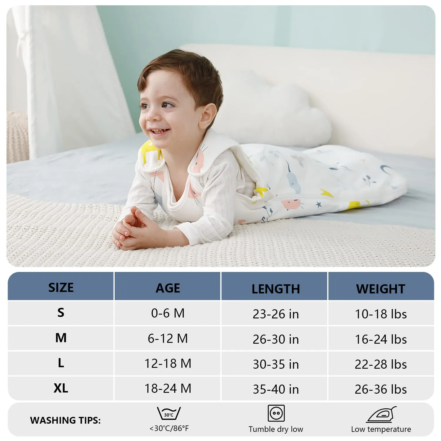 Mosebears Sacco nanna invernale per bambini, 2,5 Tog, 100% cotone, diverse dimensioni disponibili, da usare a partire dalla nascita, adatto per tutto l'anno, bianco con motivo di animali, 18-24 mesi - immagine 6